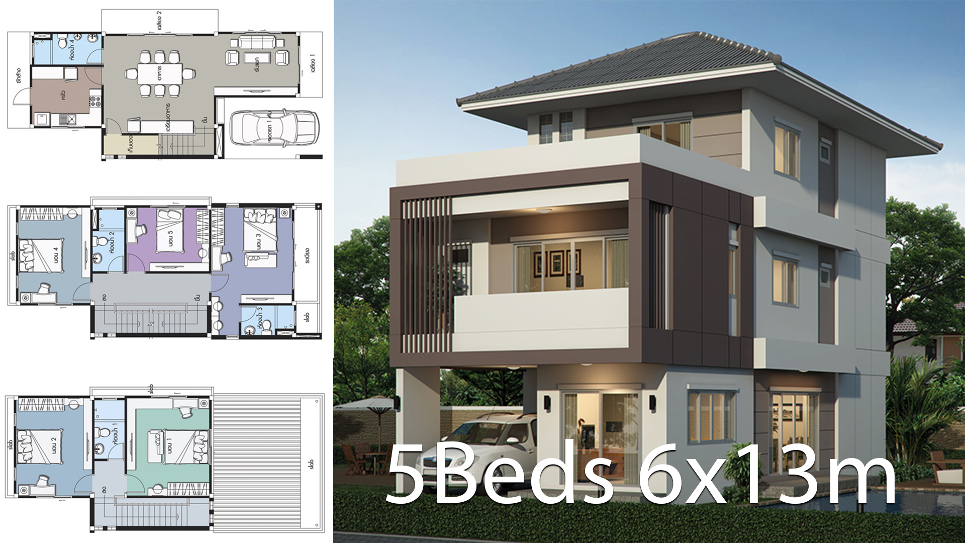 Home Design Plan 6x13m With 5 Bedrooms House Plan Map