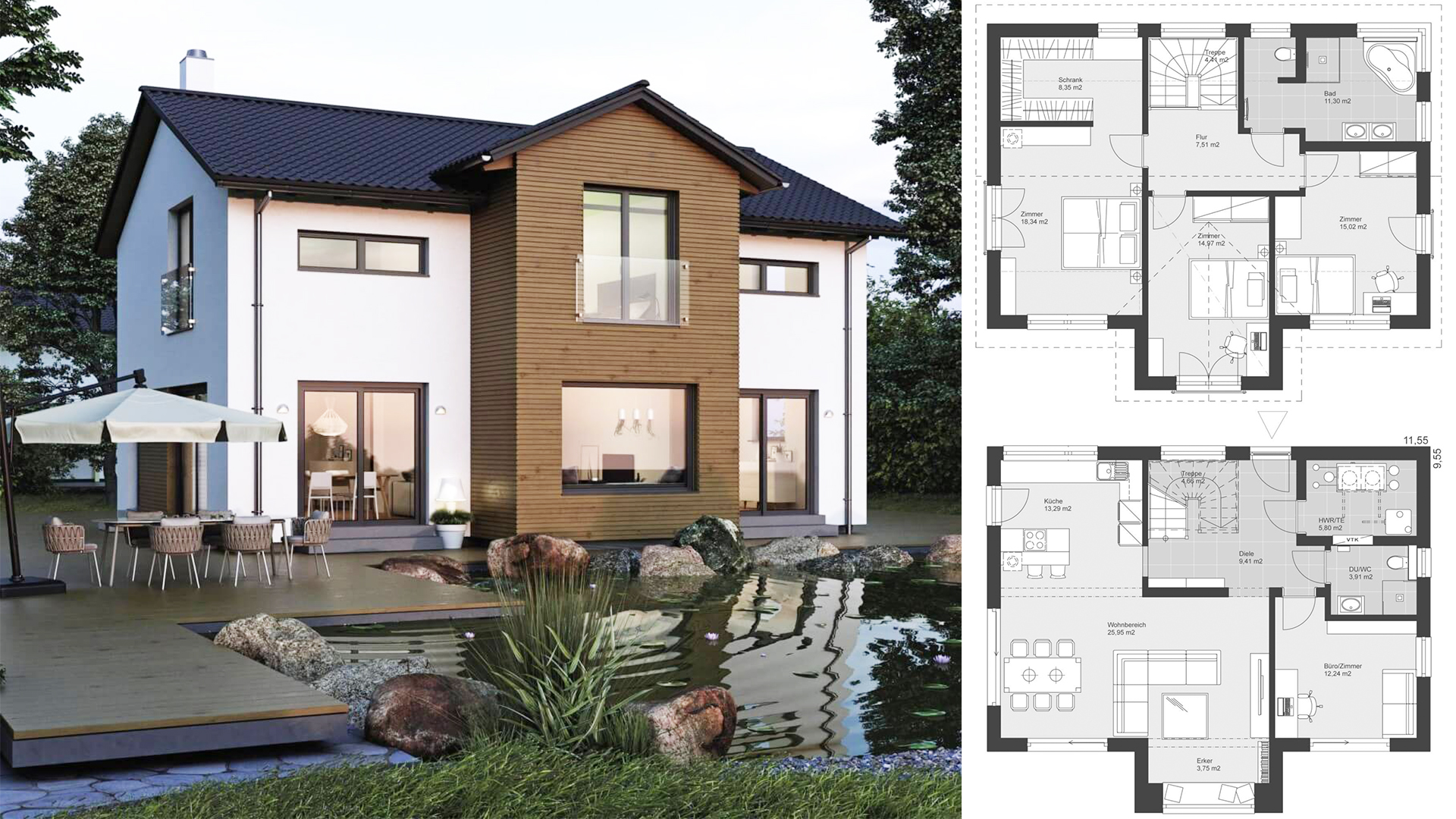 Modern House with pitched roof and gable 9.55×11.55