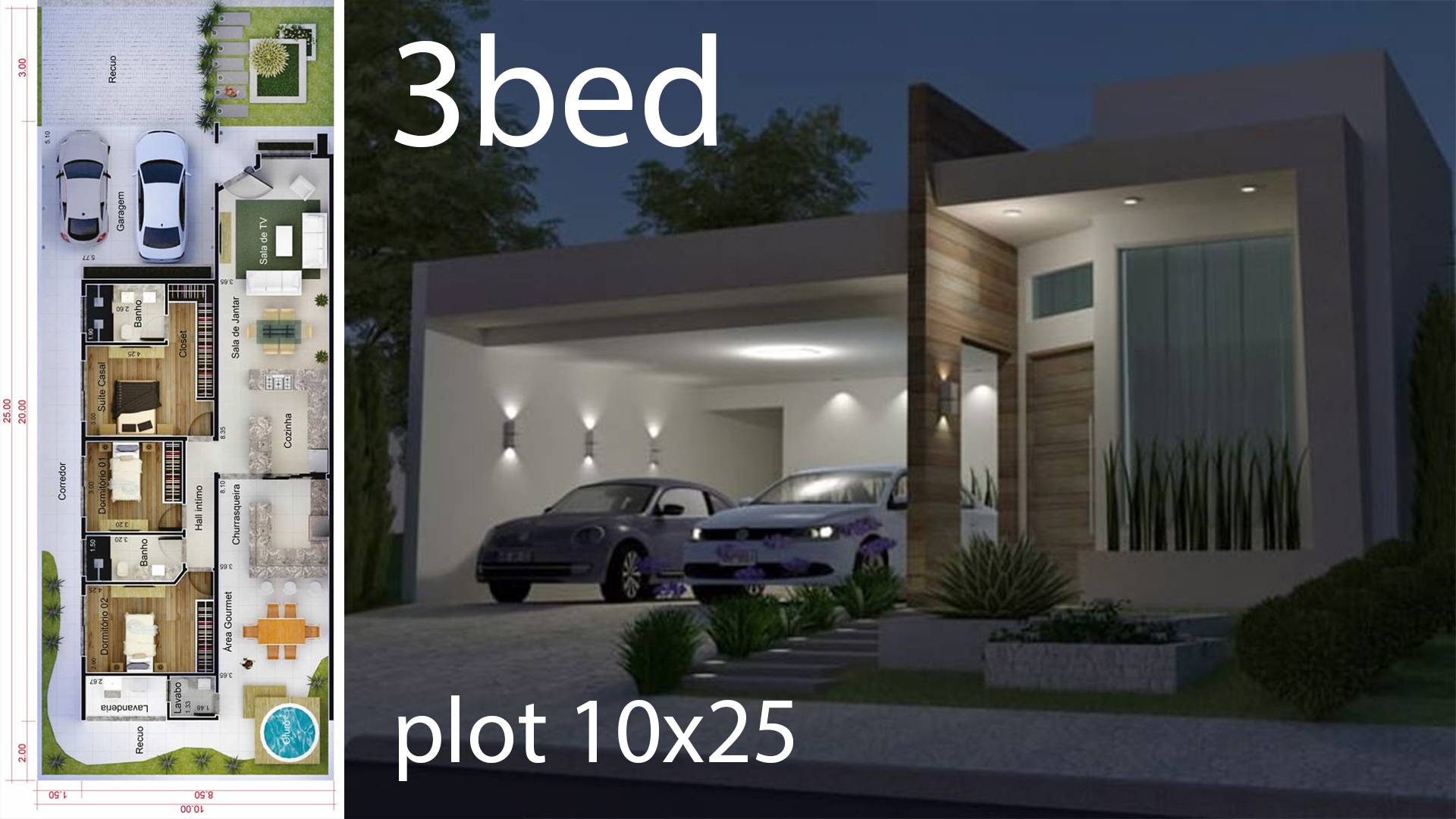 Home Design 10x25m with 3 bedrooms