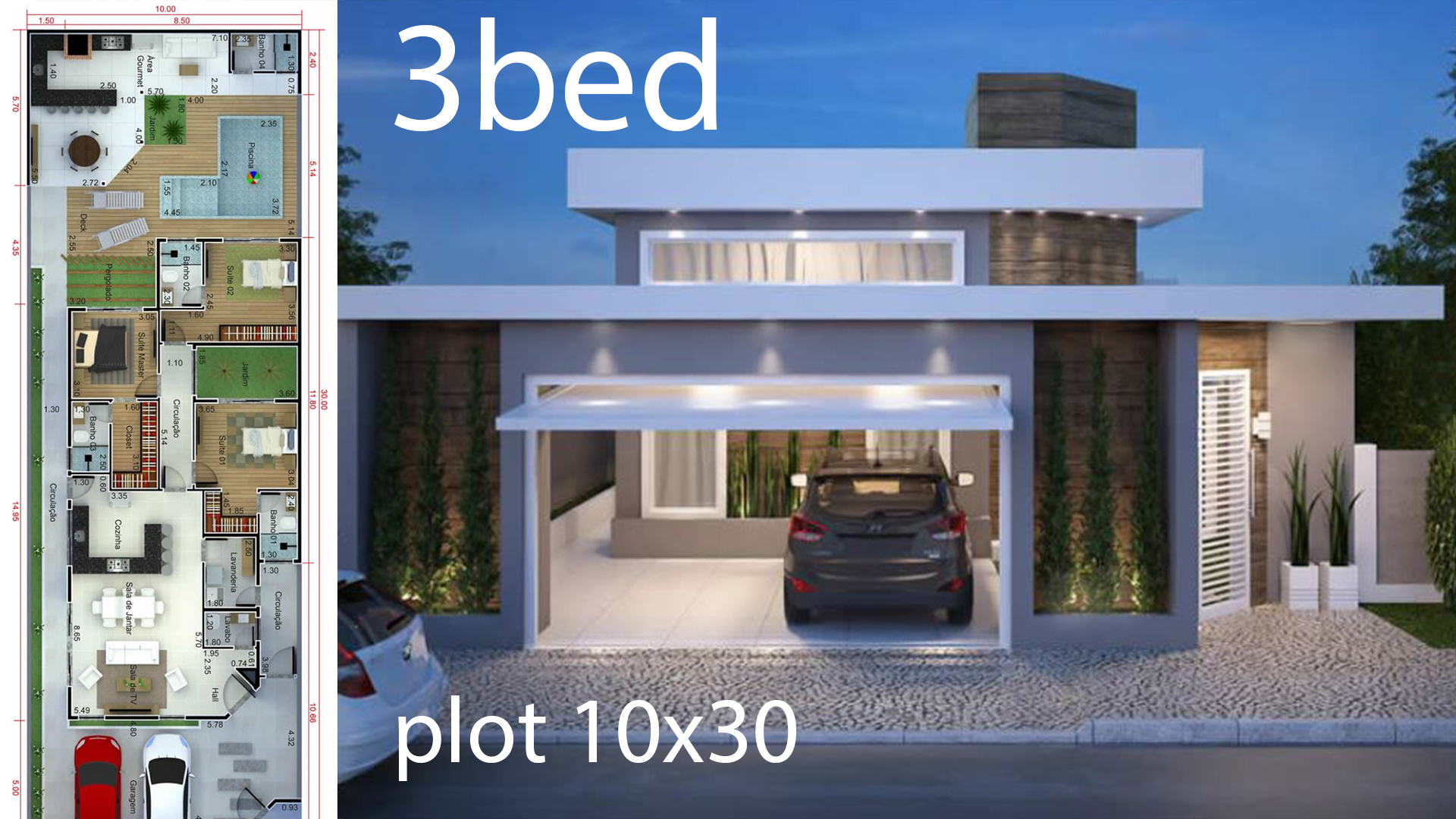 Home design 10x30m with 3 bedrooms