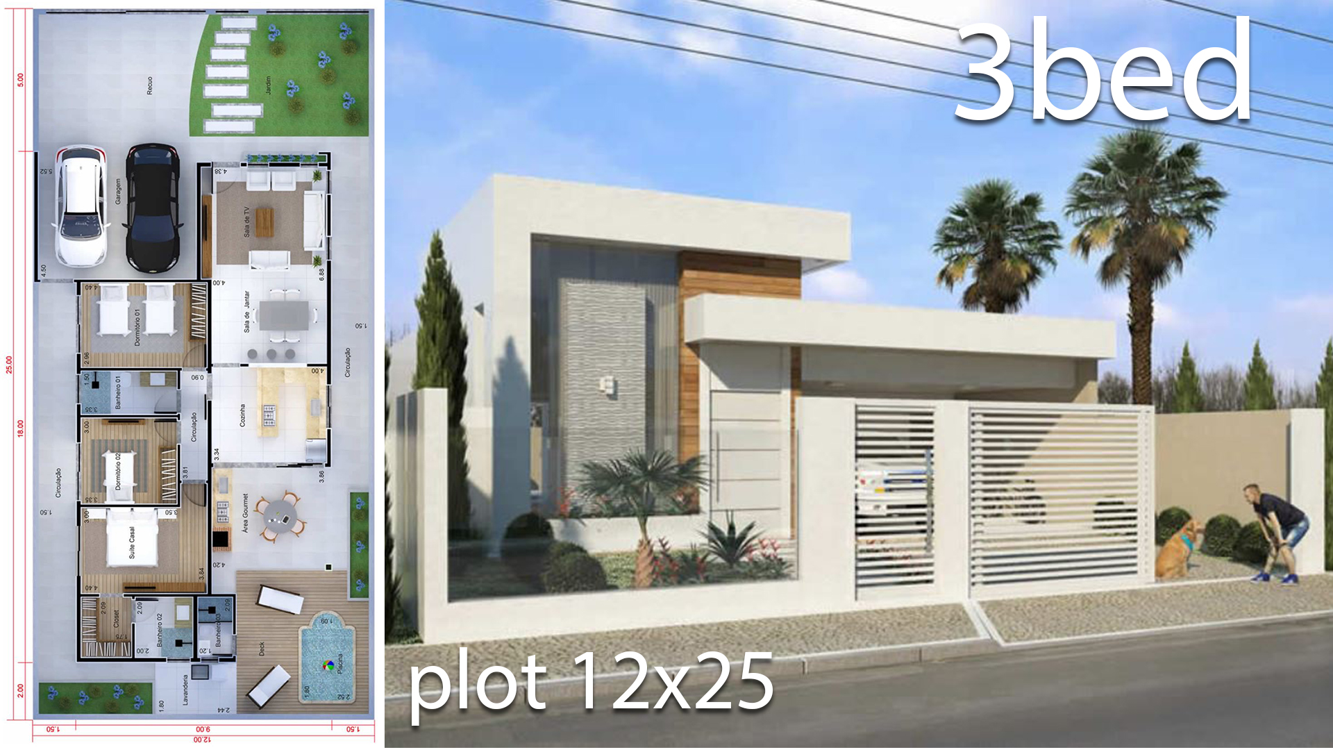 Home Design 12×25 Meters 3 Bedrooms