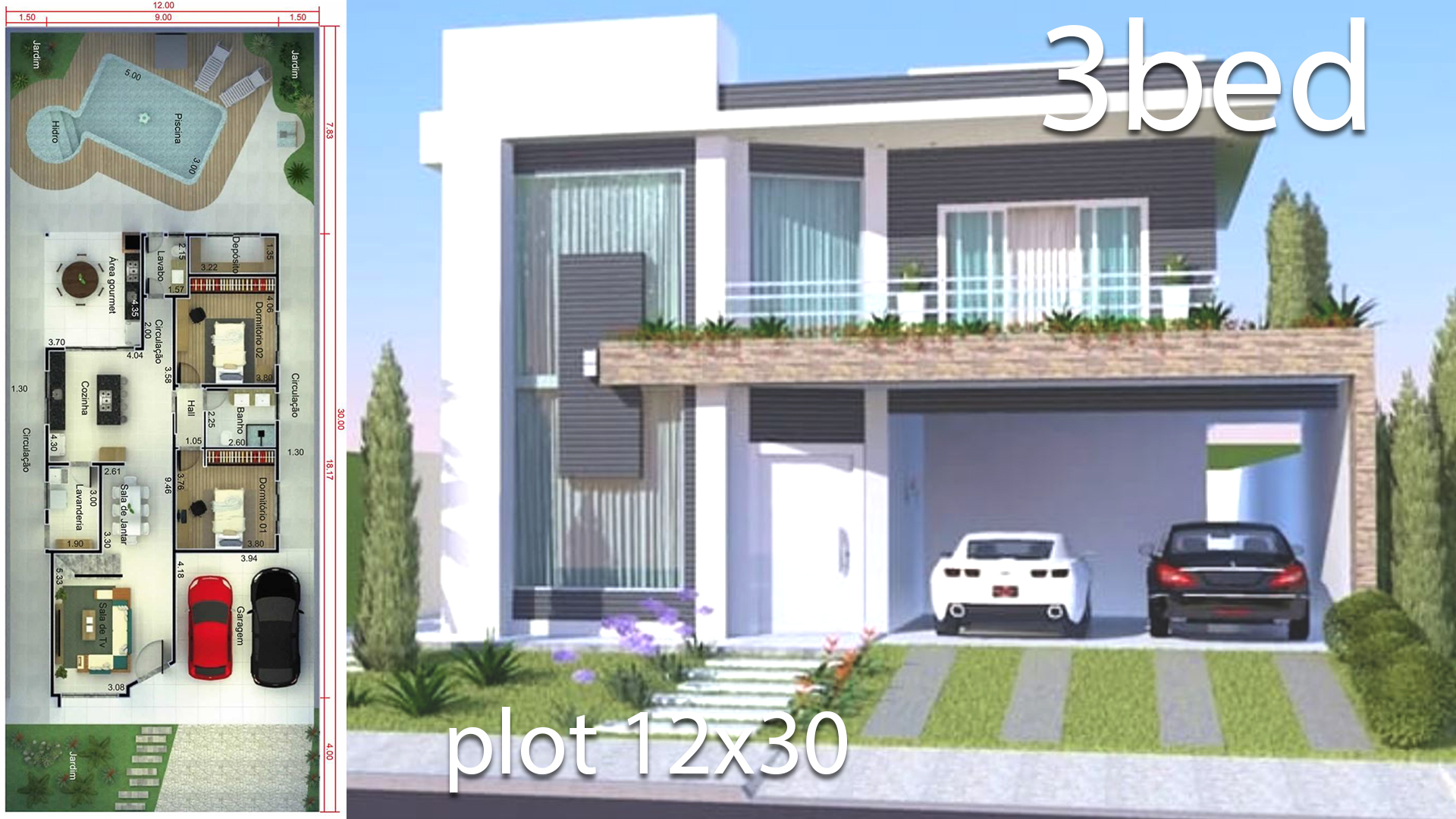 Home Design 12×30 Meters 3 Bedrooms