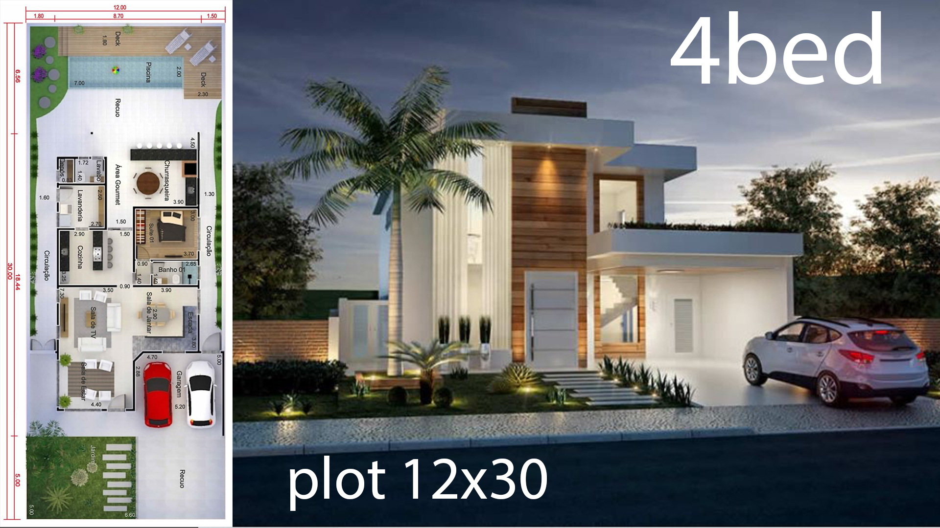 Home Design 12×30 Meters 4 Bedrooms