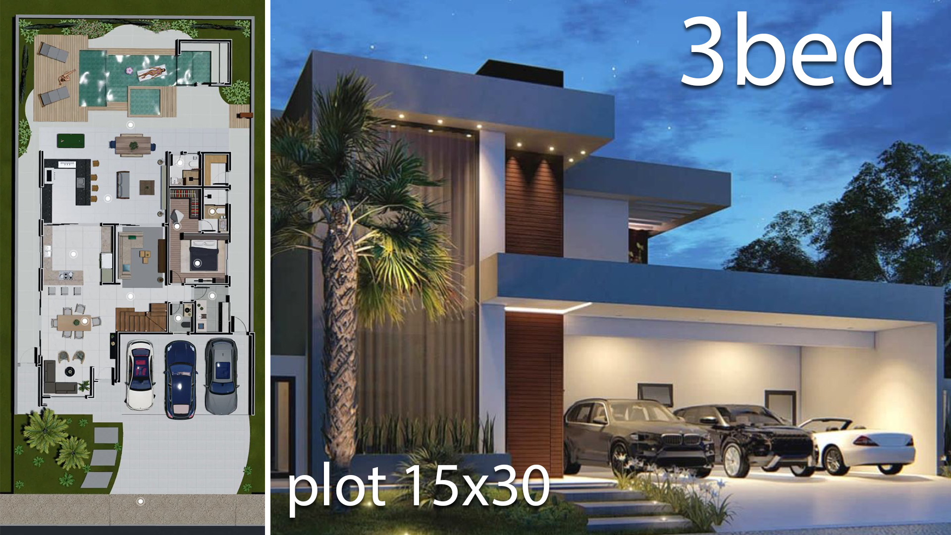 Home Design 15×30 Meters 3 Bedrooms