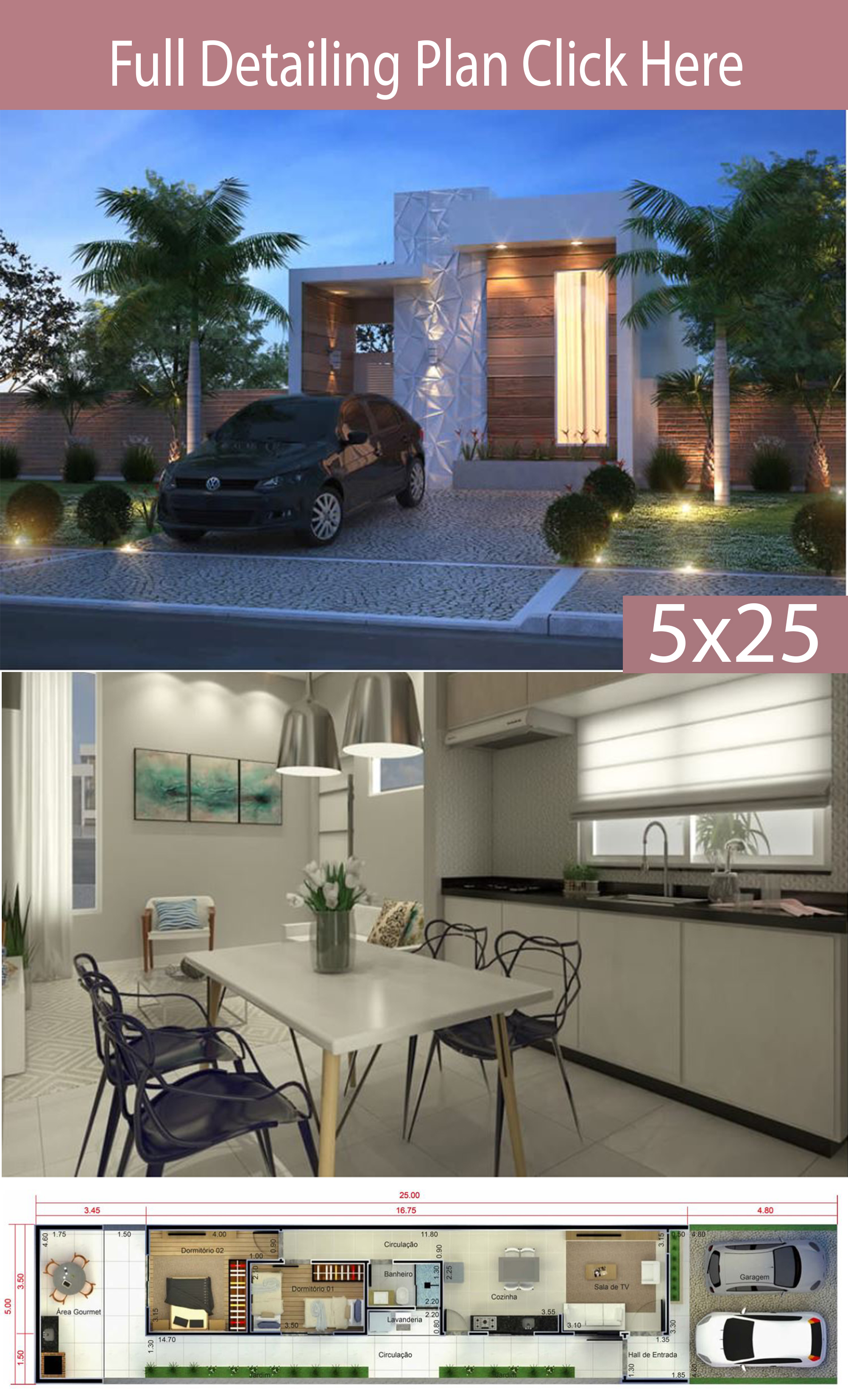 Home Design 5x25 Meters - House Plans 3D