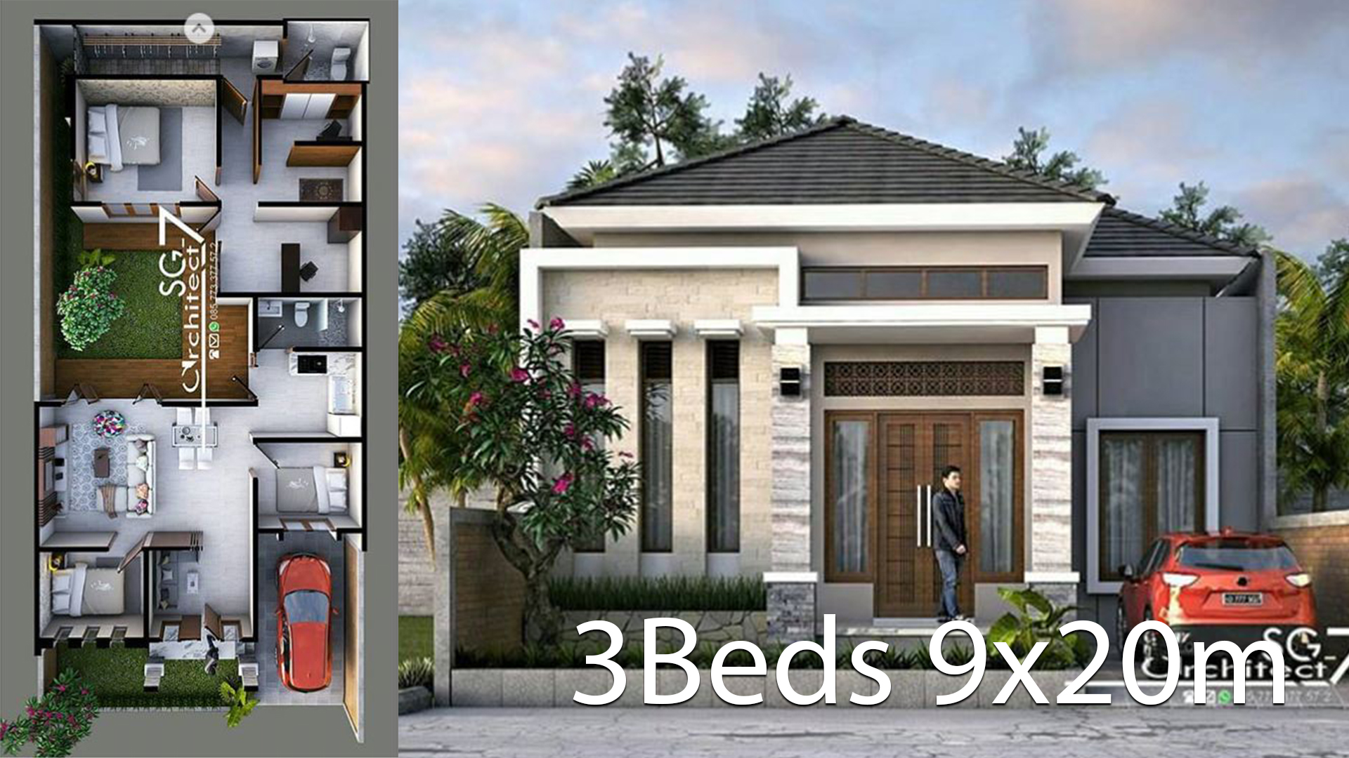 3 Bedrooms Home design plan 9x20m