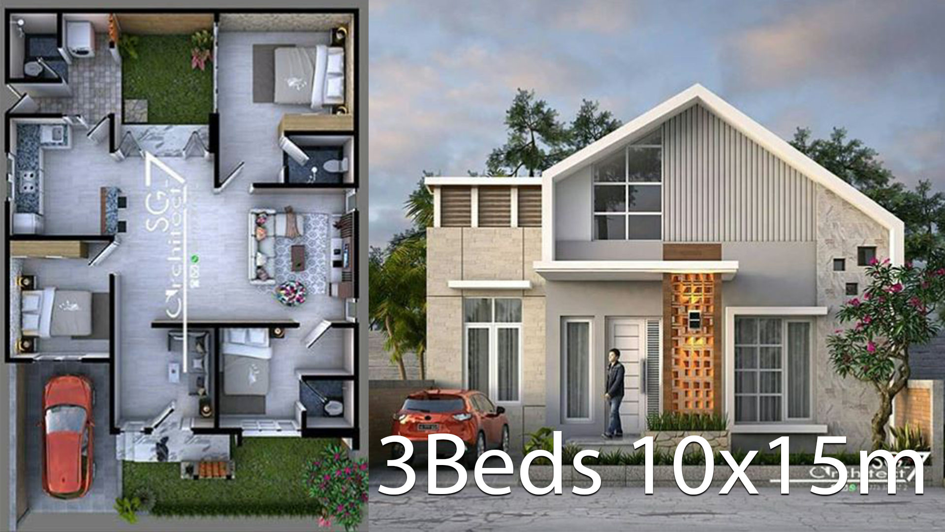 3 bedrooms home design plan 10x15m