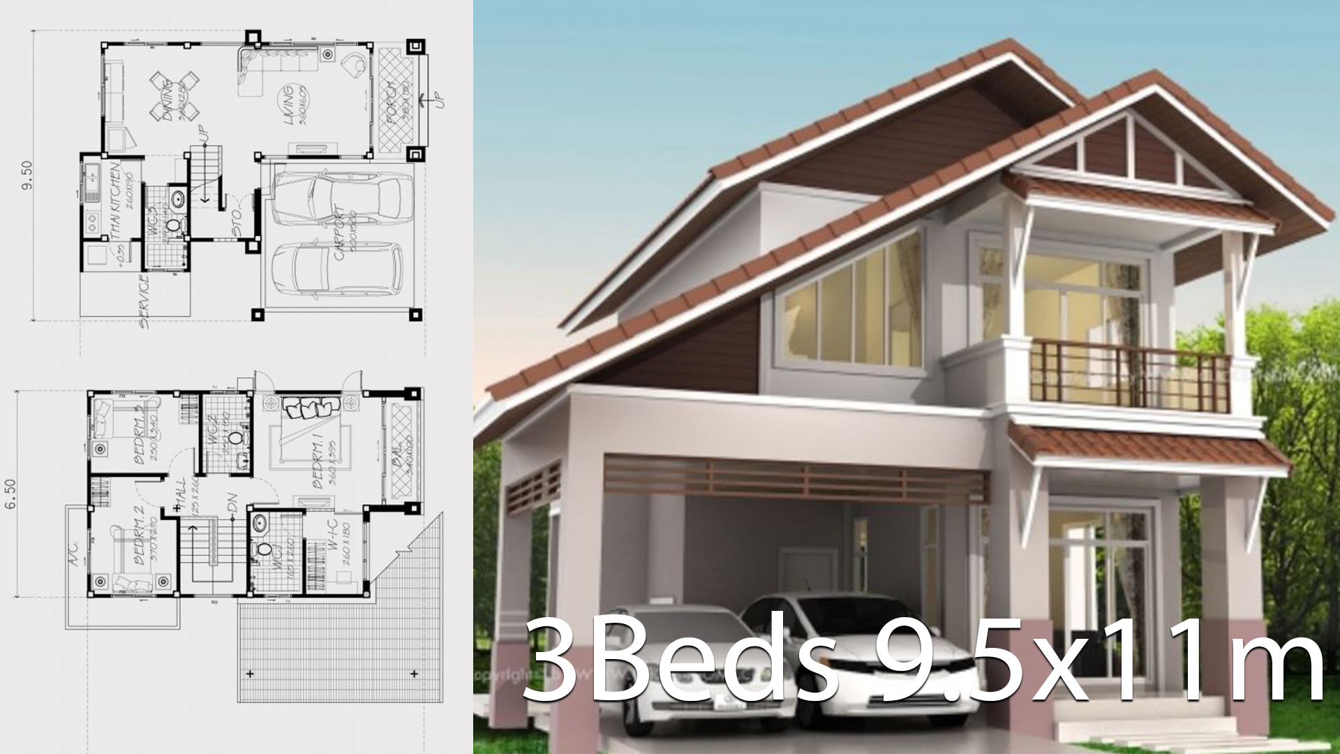 Home design plan 9.5x11m with 3 bedrooms