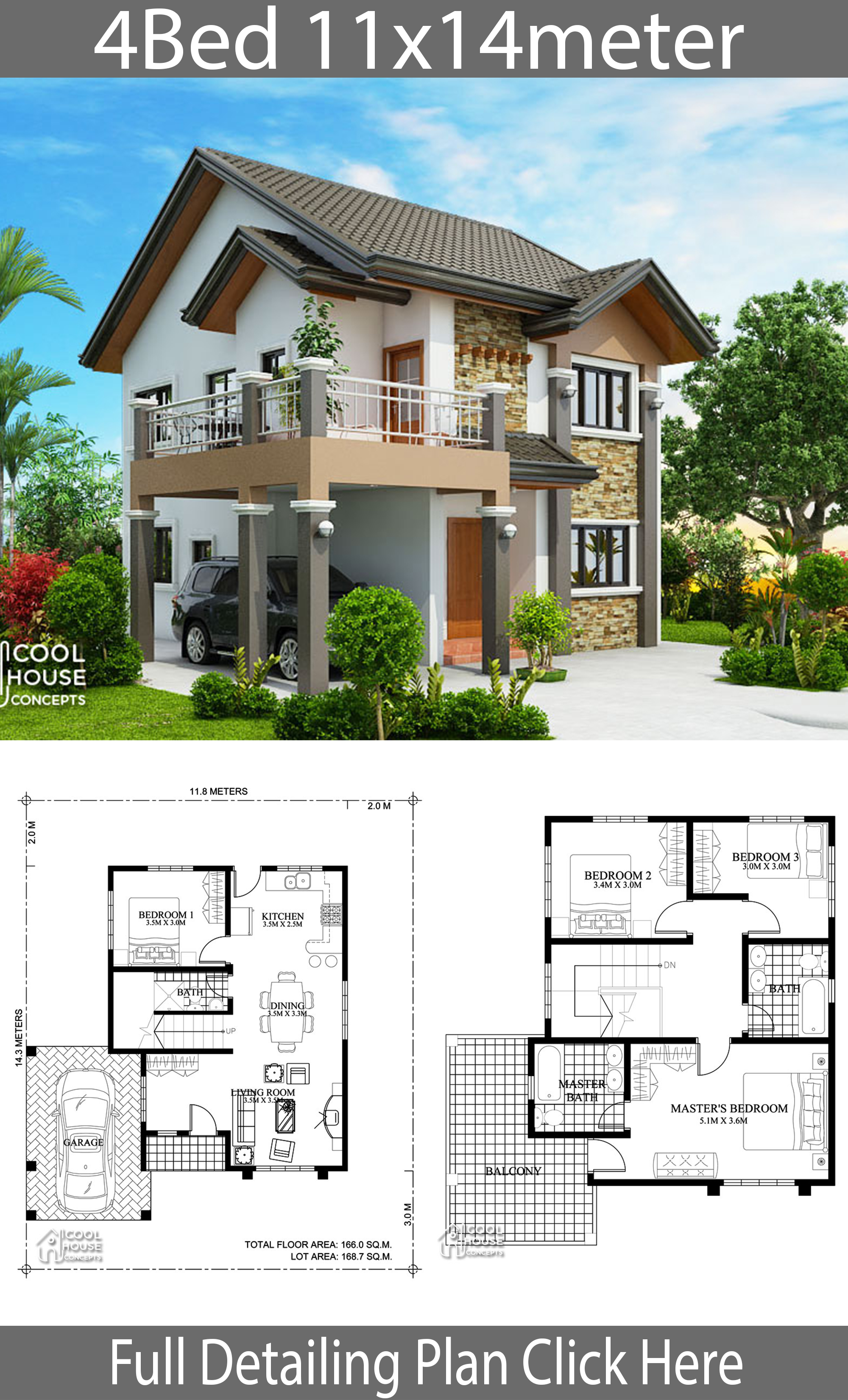 Home Design Plan 11x14m With 4 Bedrooms - Home Ideas