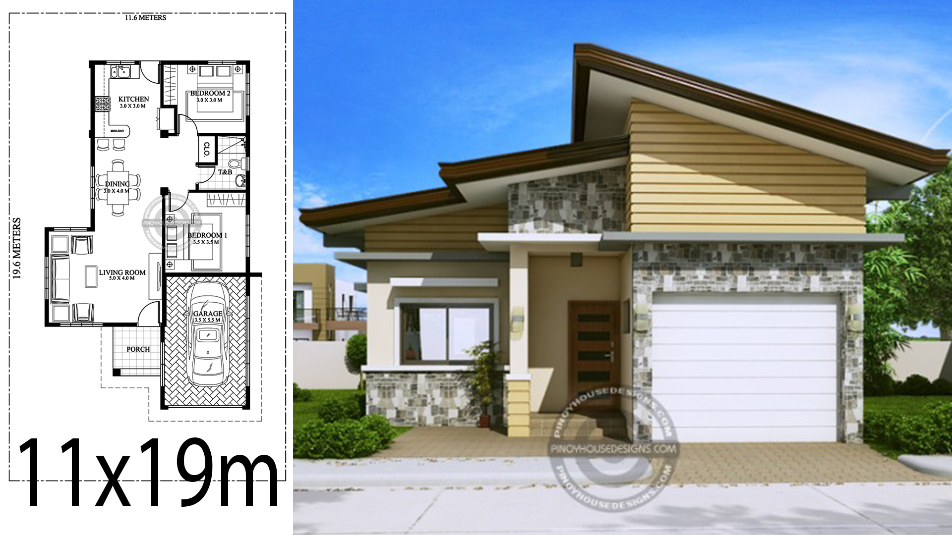 Home design plan 11x19m with 2 bedrooms