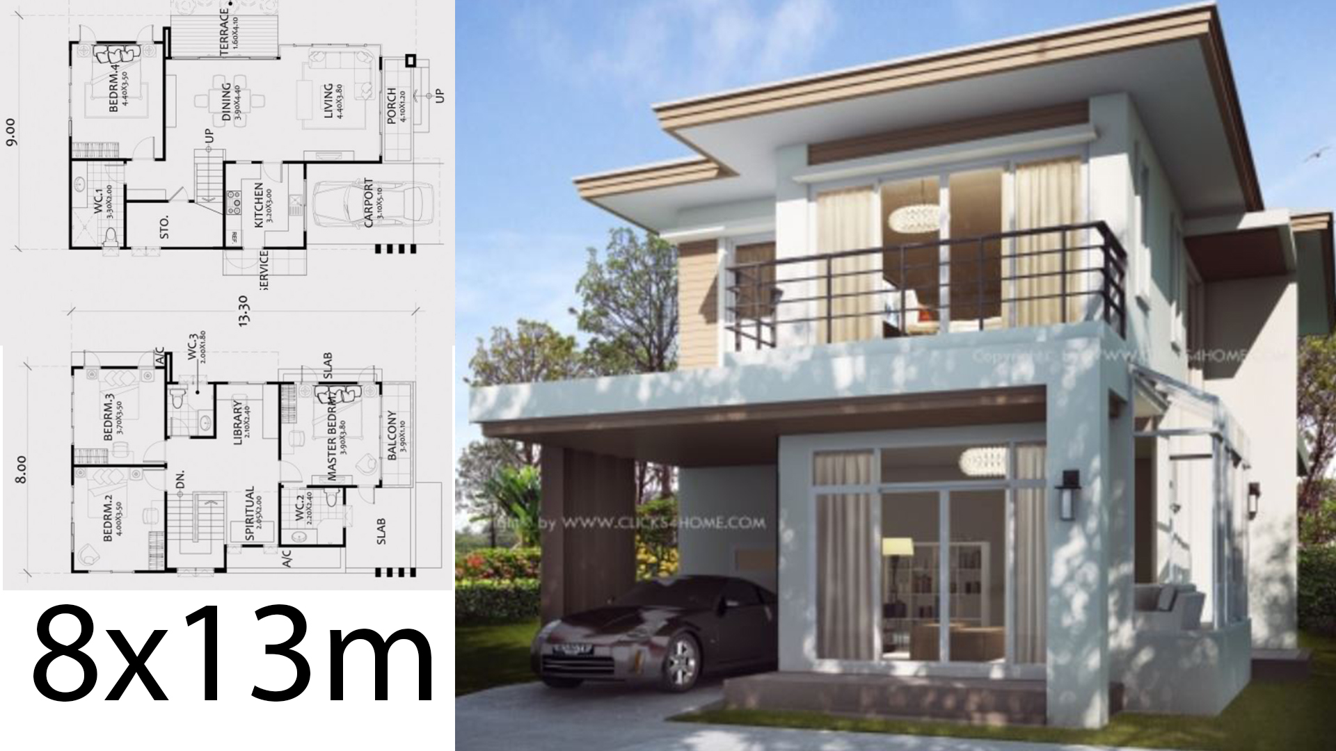 Home Design Plan 8x13m with 4 Bedrooms.