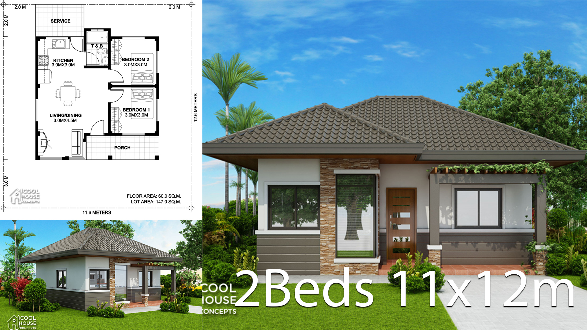 Home design plan 11x12m with 2 bedrooms