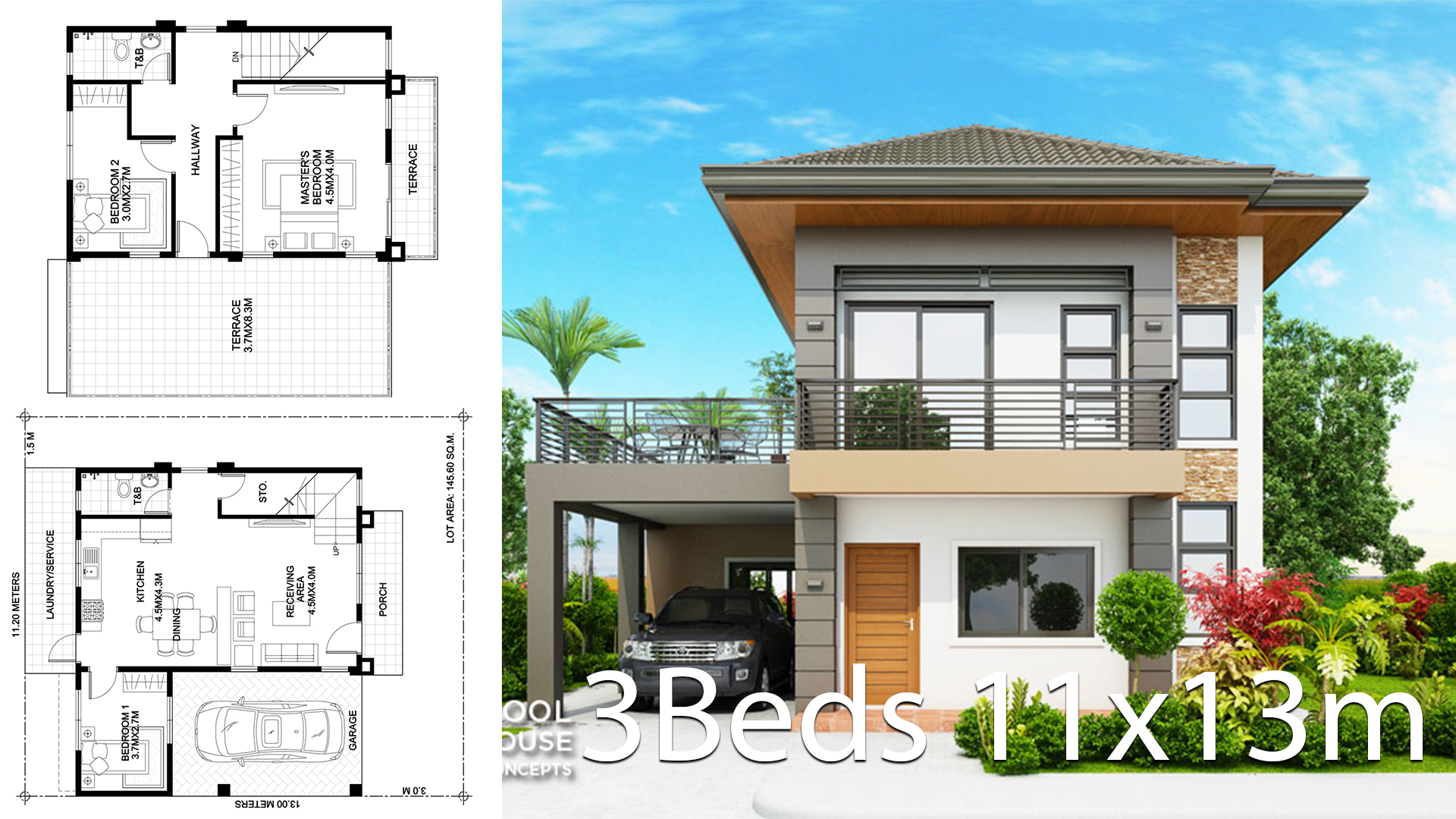 Home design plan 11x13m with 3 Bedrooms