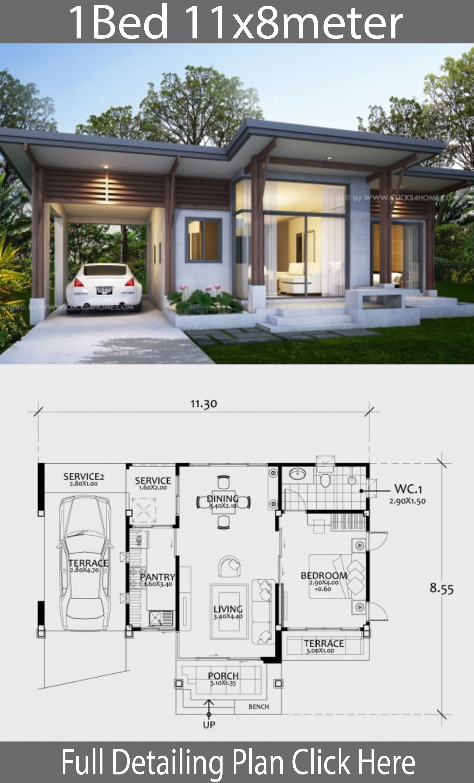 Home design plan 11x8m with One Bedroom - House Plans 3D on {keyword}