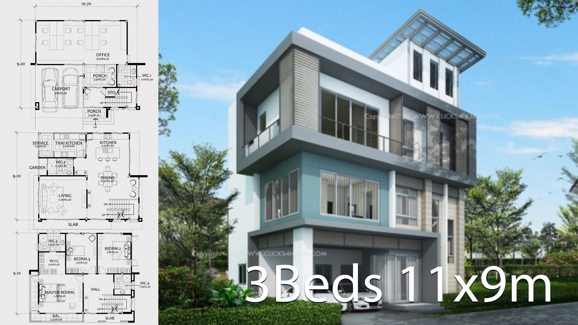 Home design plan 11x9m with 3 bedrooms