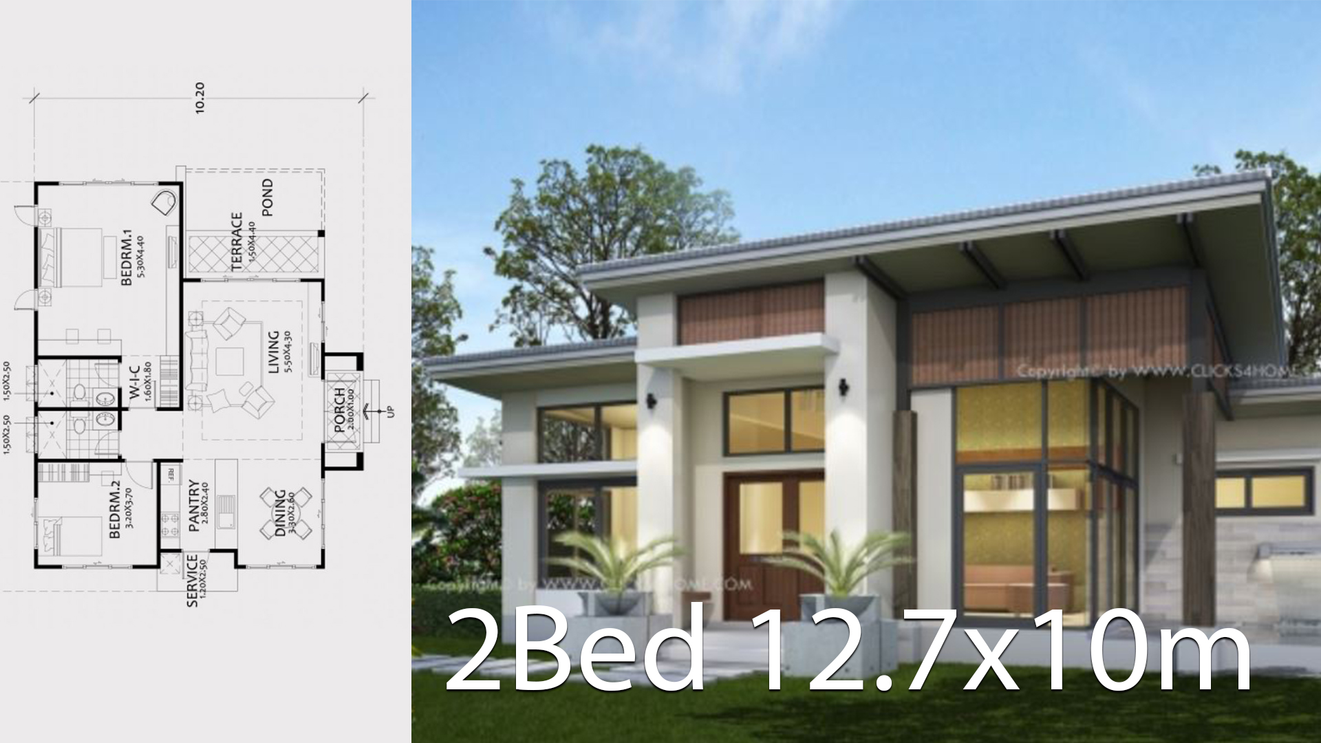 Home design plan 12.7x10m with 2 Bedrooms