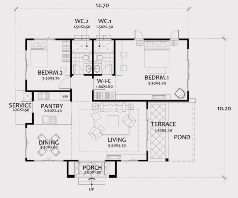 Home design plan 12.7x10m with 2 Bedrooms - Home Ideas