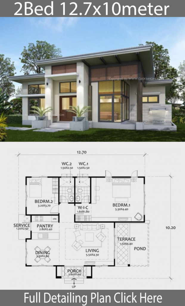 Home design plan 12.7x10m with 2 Bedrooms - Home Ideas