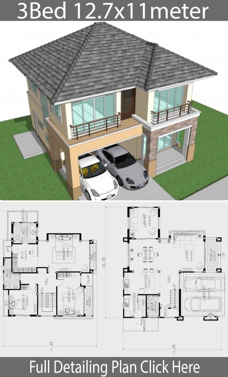 Home design plan 12.7x11m with 3 Bedrooms - Home Ideas