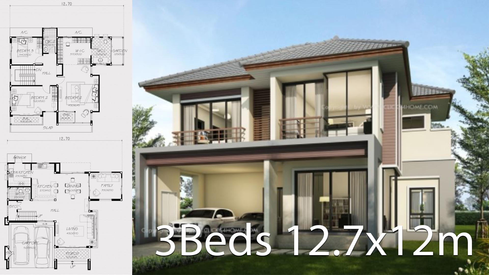 Home design plan 12.7x12m with 3 bedrooms