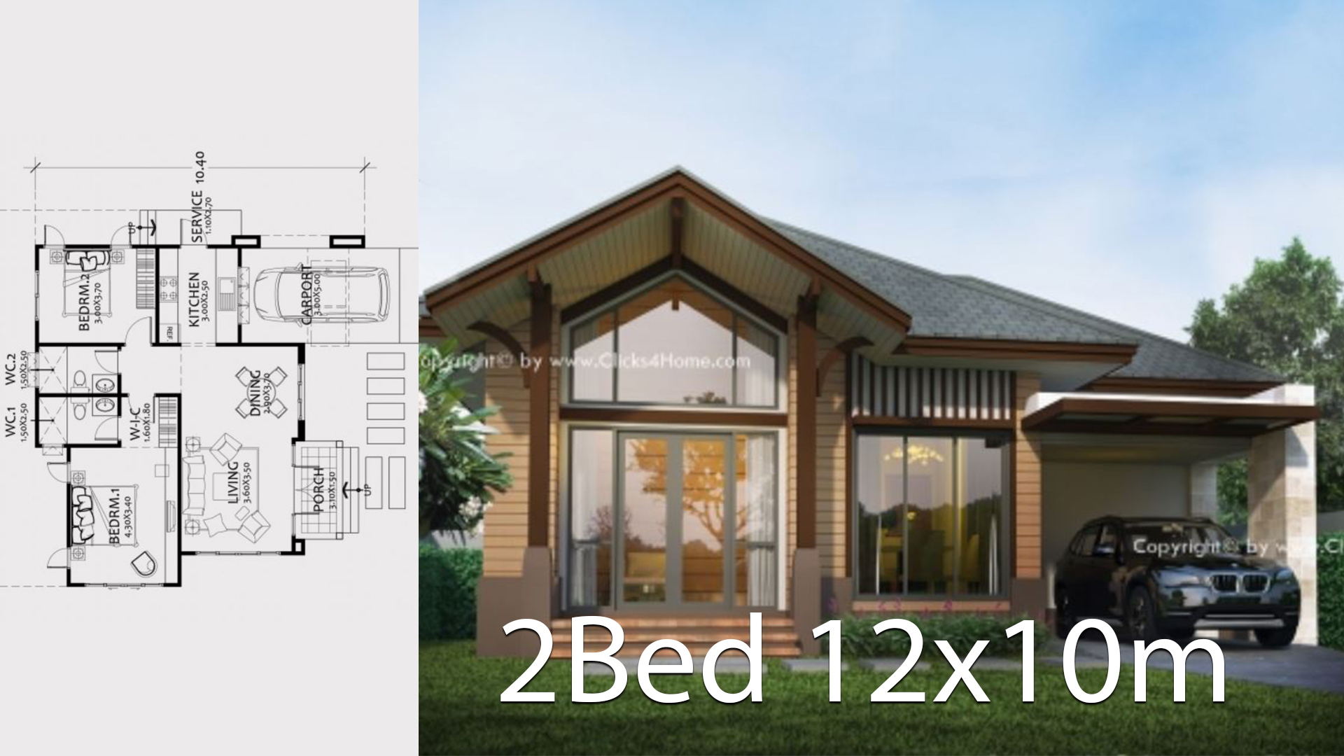 Home design plan 12x10m with 2 Bedrooms