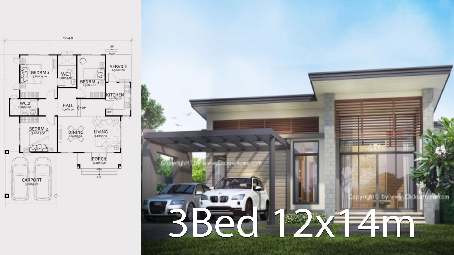 Home design plan 12x14m with 3 bedrooms