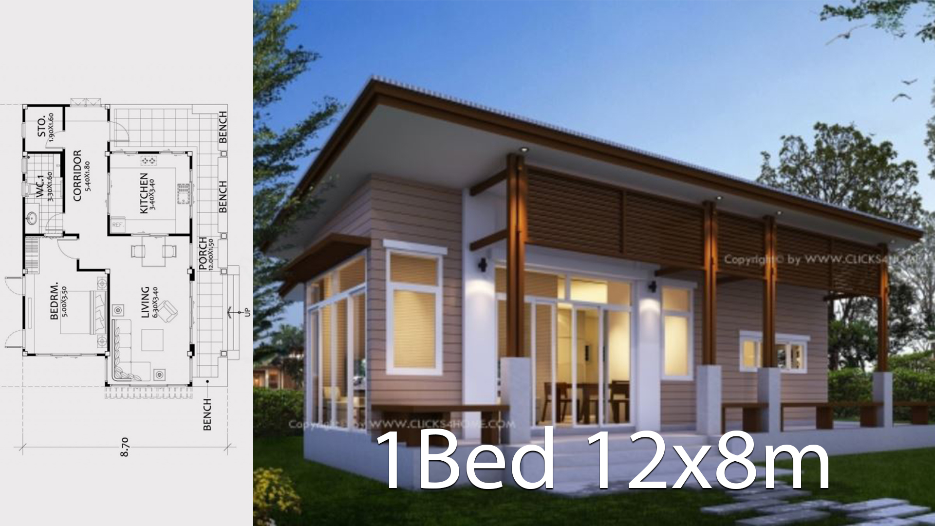 Home design plan 12x8m with One bedroom
