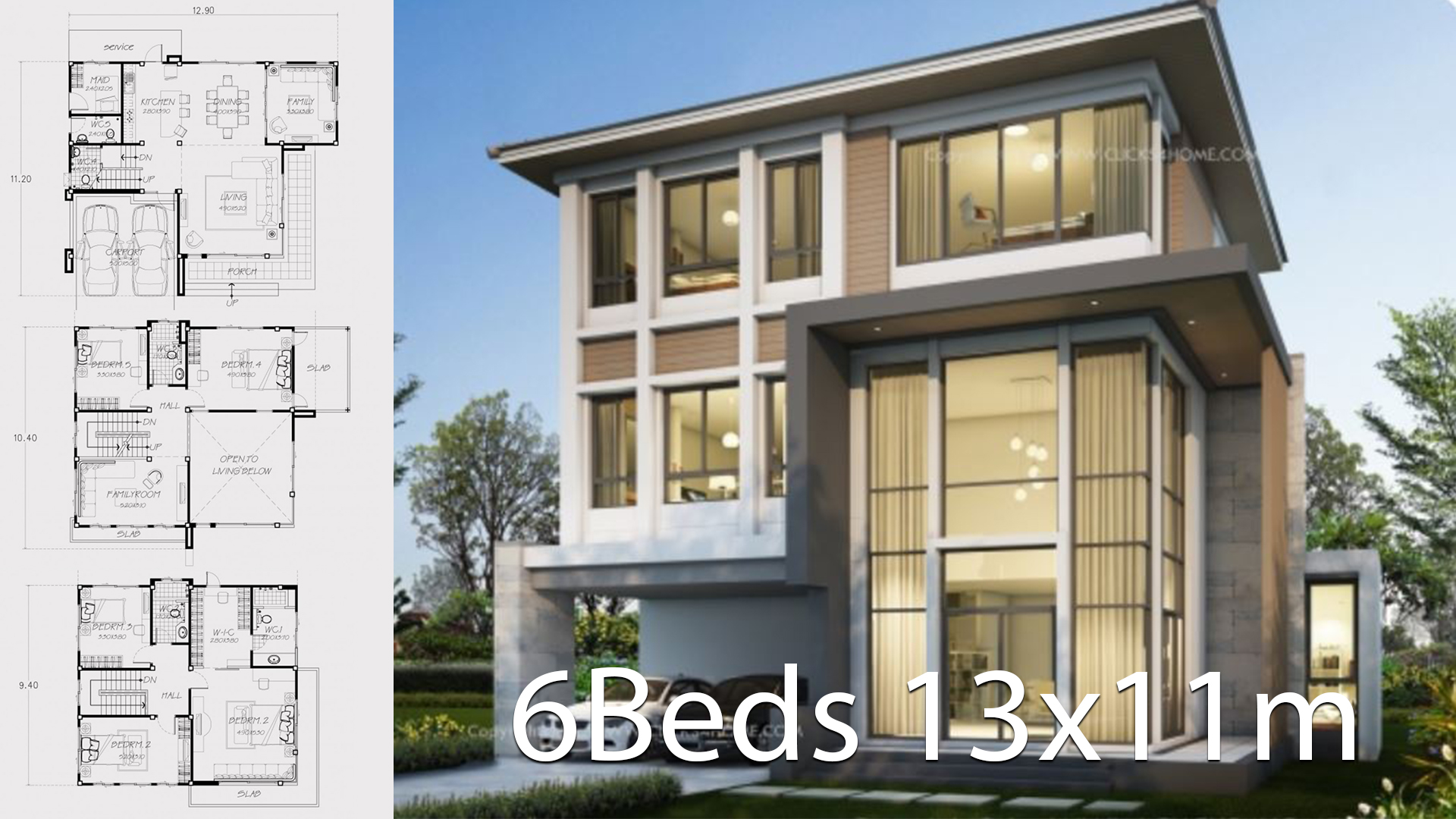 Home design plan 13x11m with 6 bedrooms
