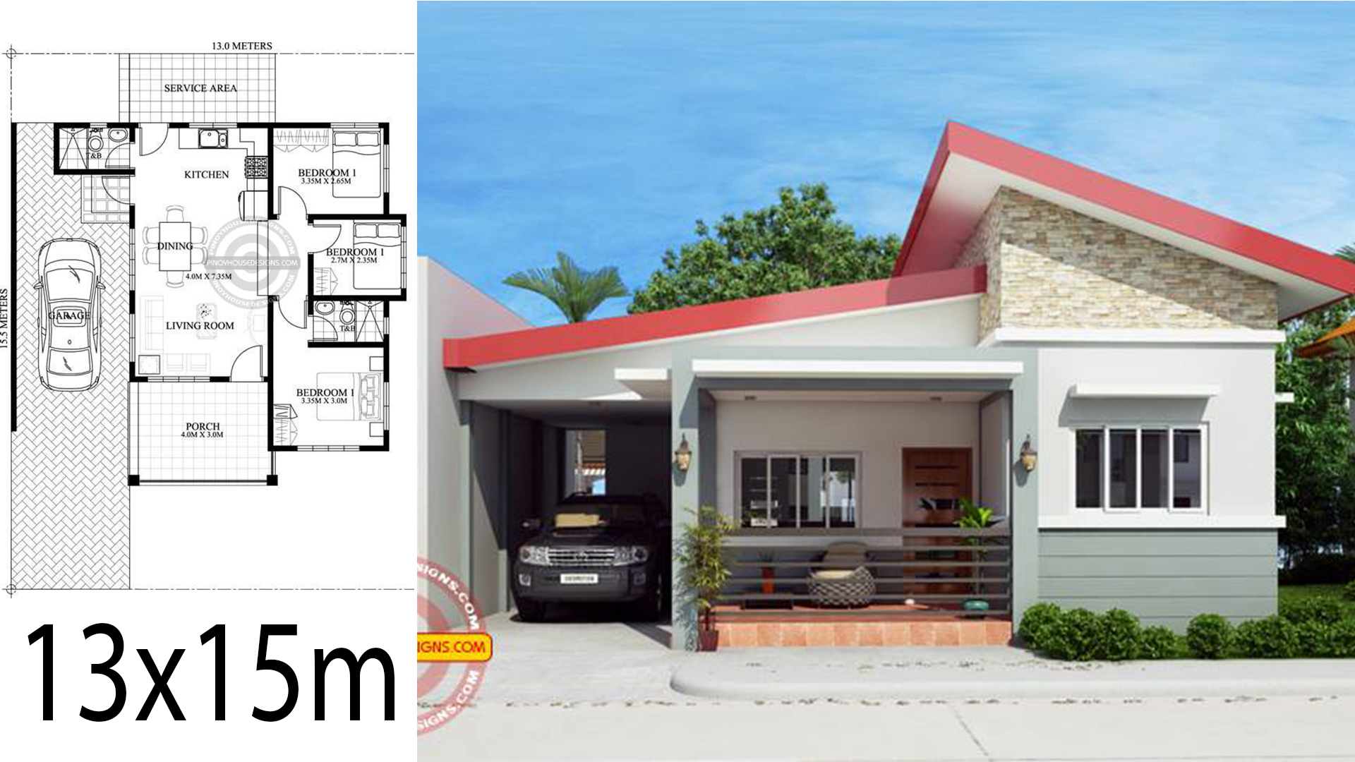 Home design plan 13x15m with 3 Bedrooms