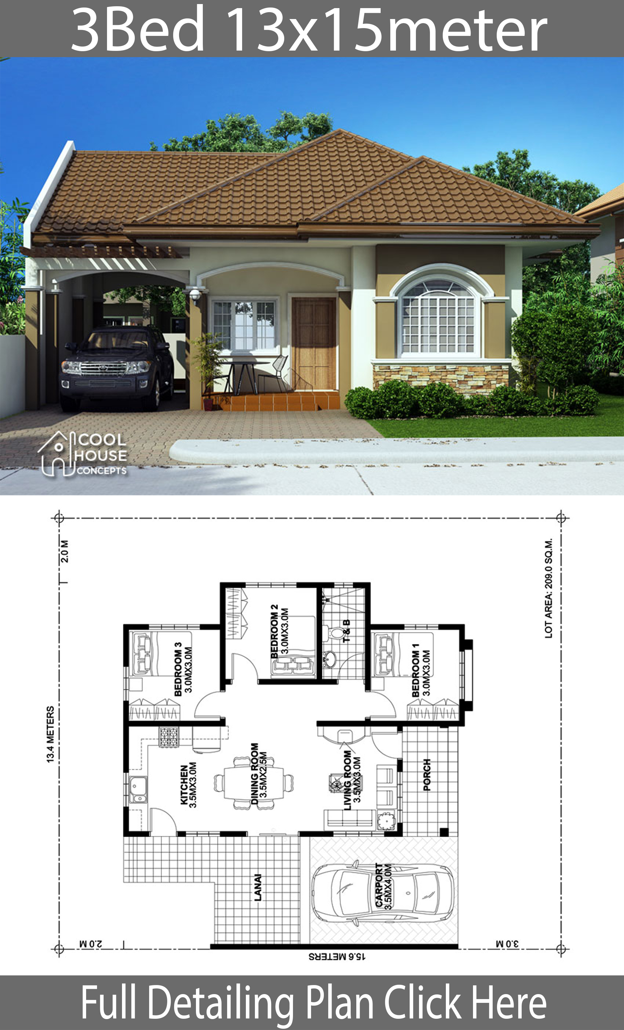 Home design plan 13x15m with 3 bedrooms - House Plans 3D