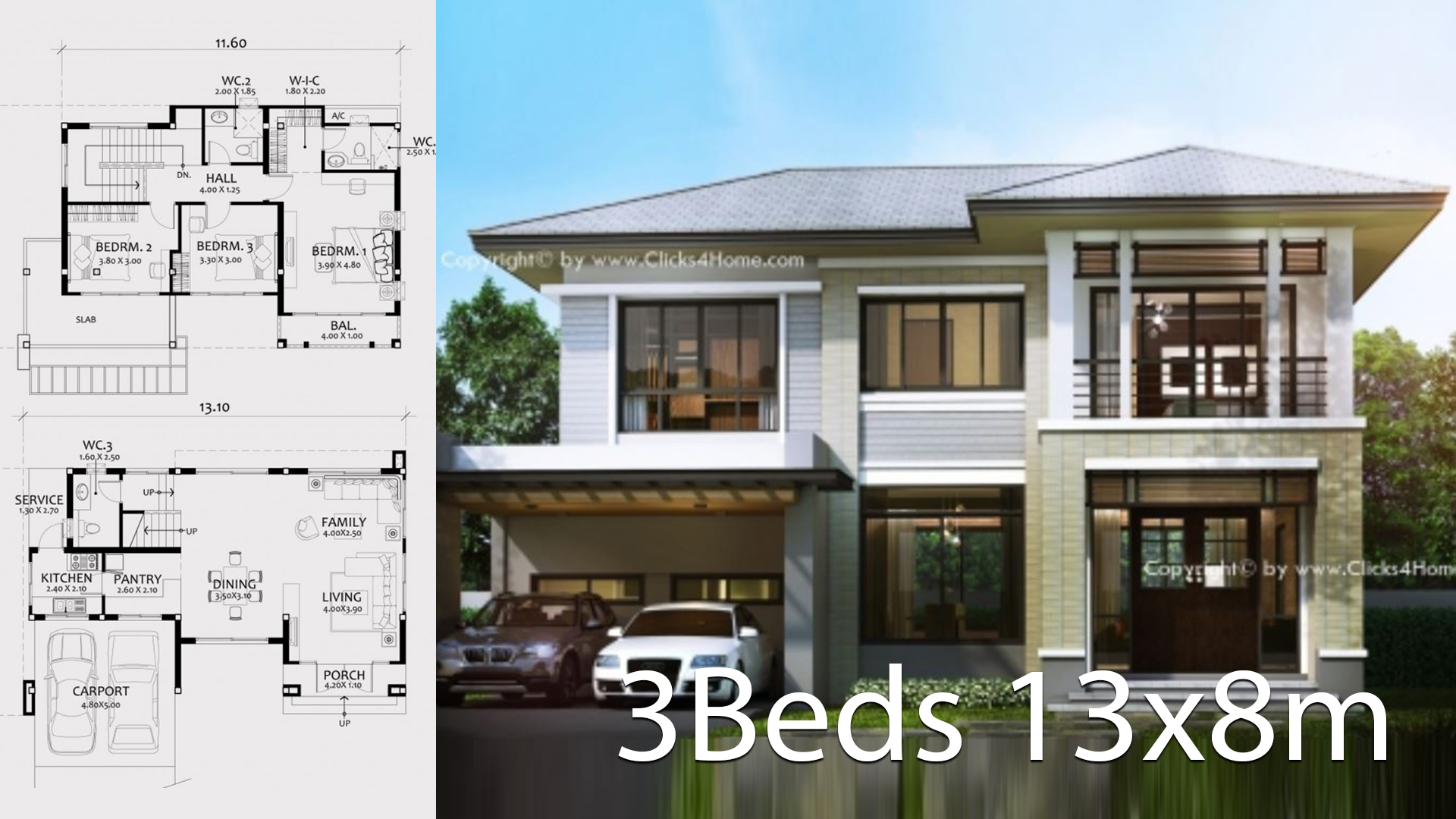 Home design plan 13x8m with 3 bedrooms