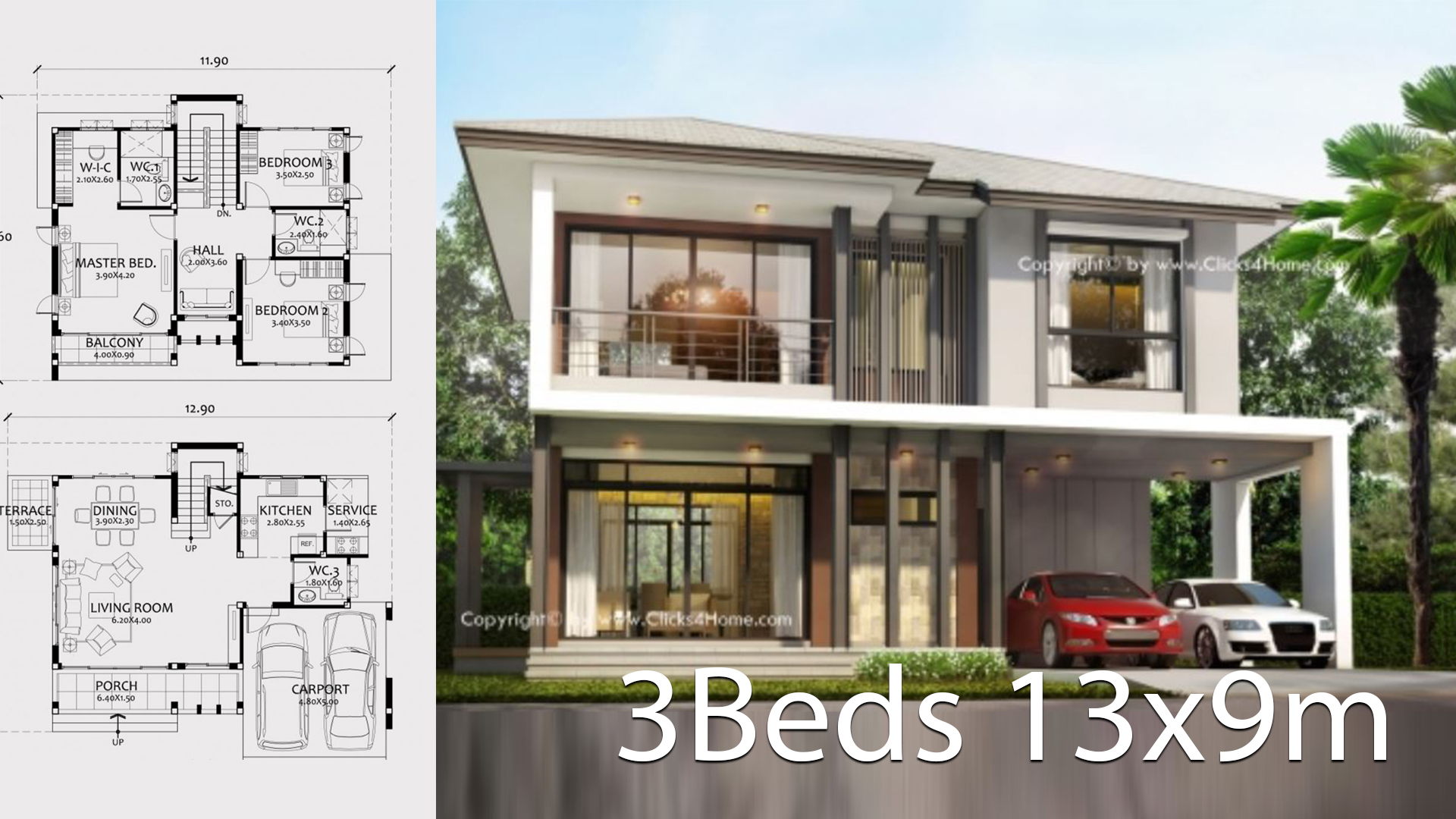 Home design plan 13x9m with 3 bedrooms