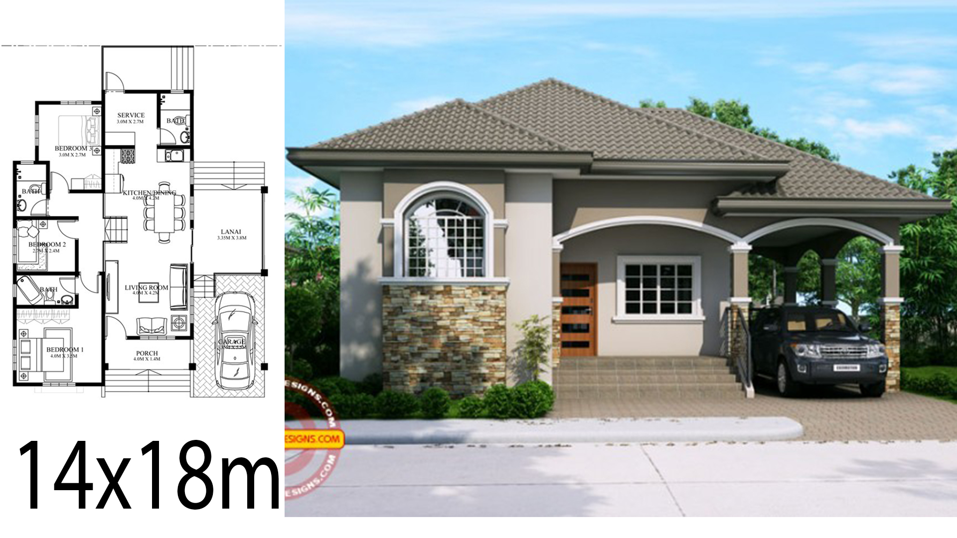 Home design plan 14x18m with 3 Bedrooms