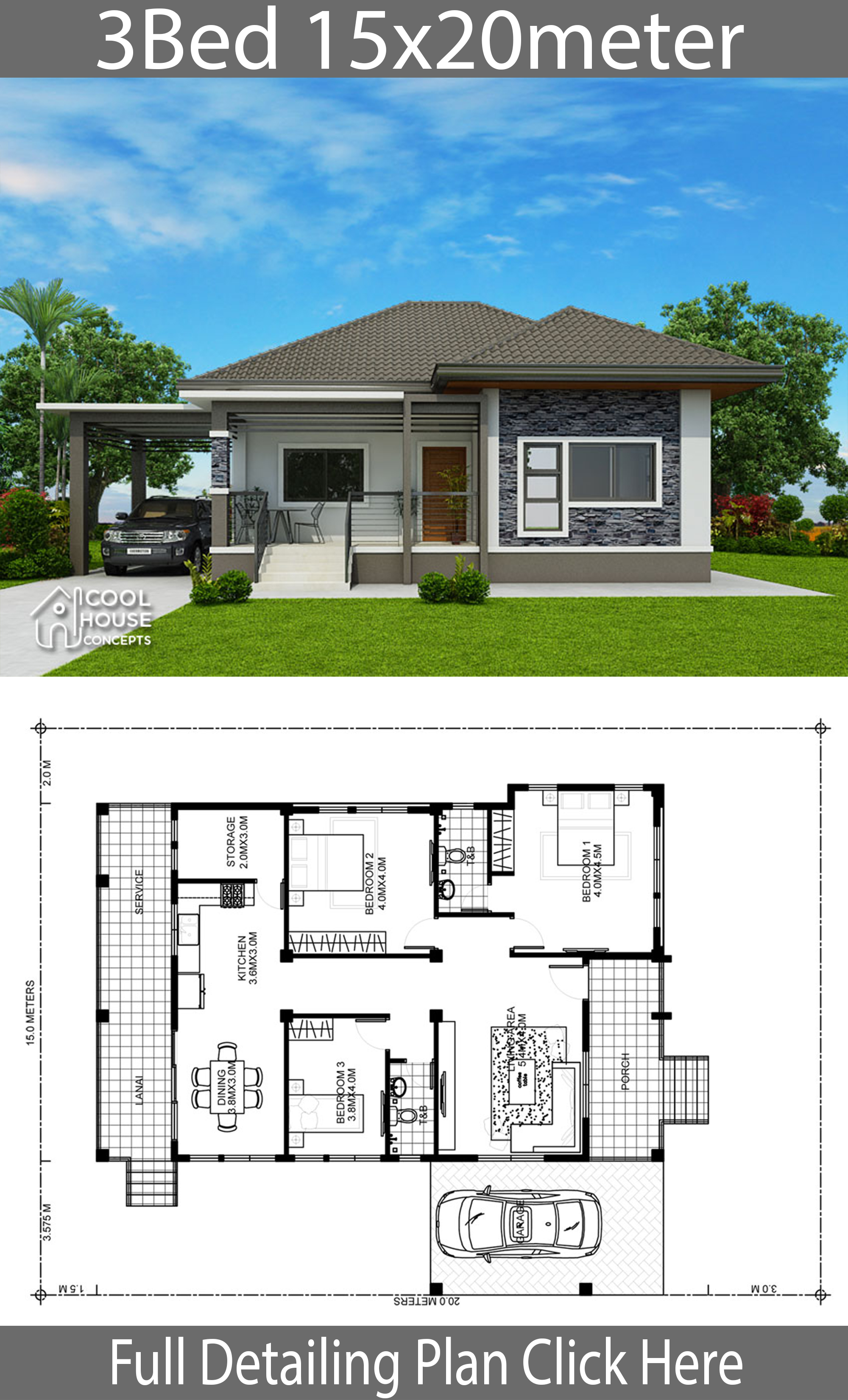 Home design plan 15x20m with 3 Bedrooms - House Plans 3D