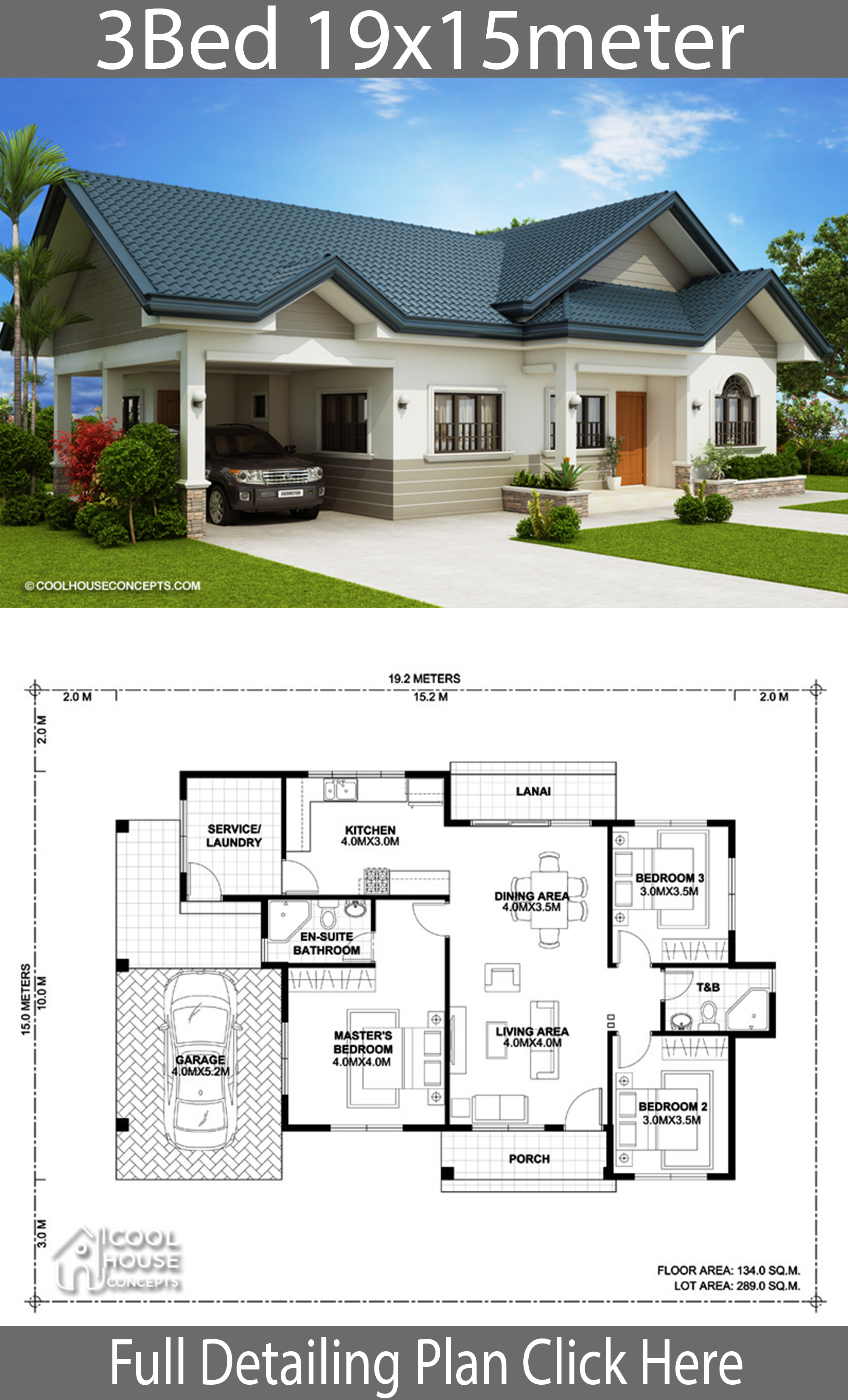 home design plan 19x15m with 3 bedrooms - house plans 3d