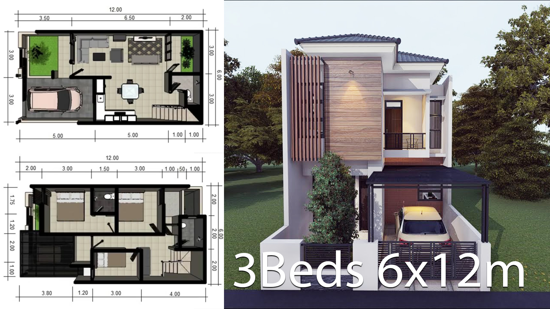 Home design plan 6x12m with 3 Bedrooms