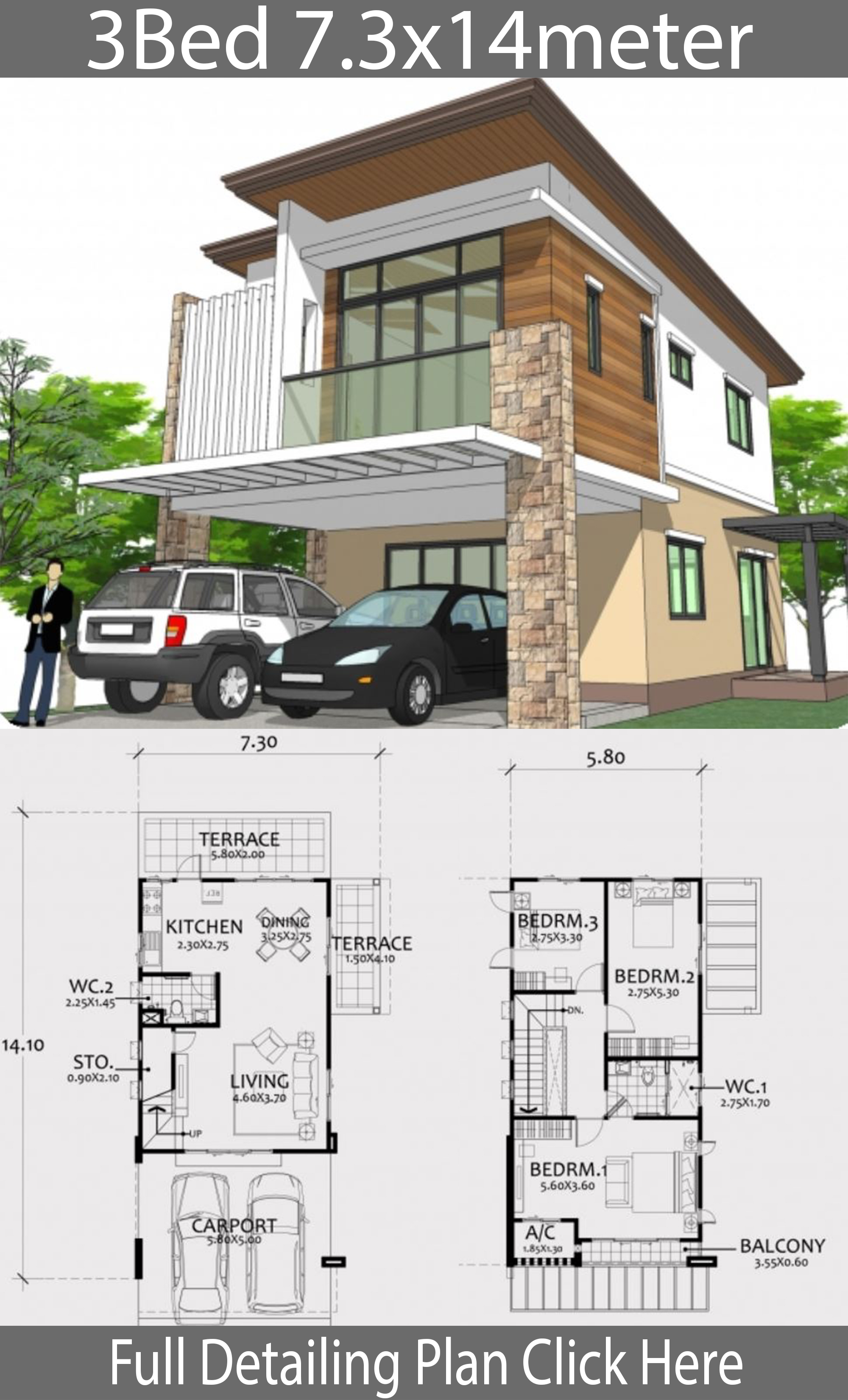 Modern style two-story house plan 7.3x14m - House Plans 3D