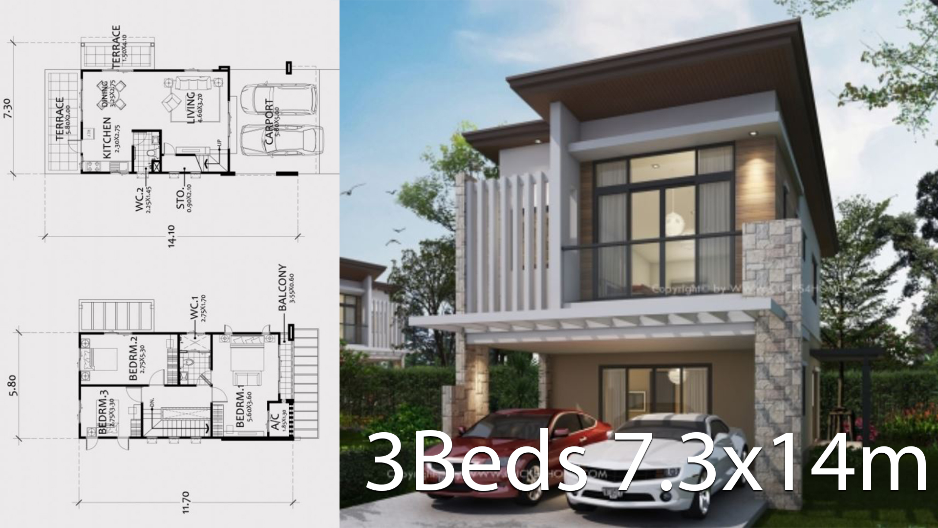 Modern style two-story house plan 7.3x14m