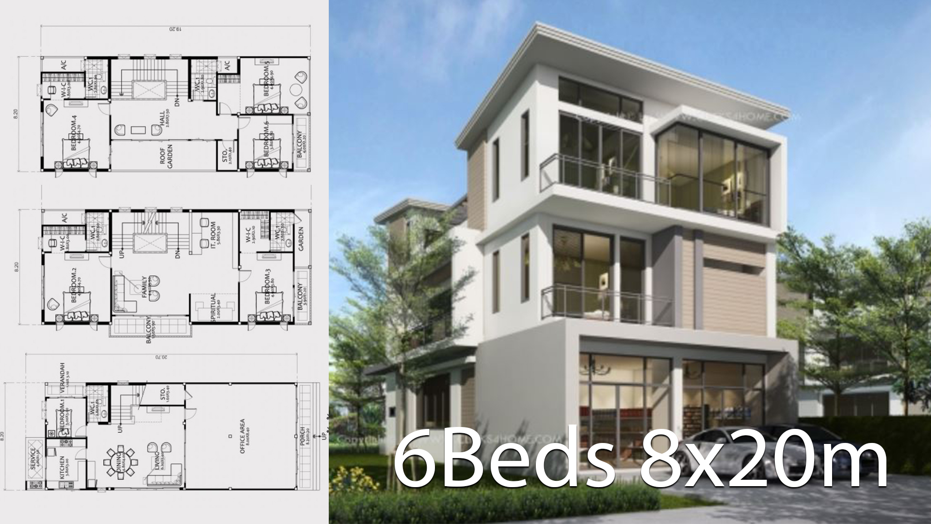 Home design plan 8x20m with 6 bedrooms