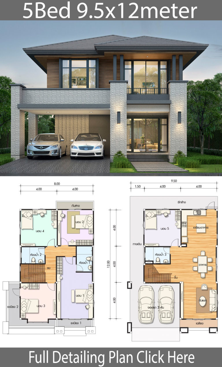 House design plan 9.5x12m with 5 bedrooms - Home Ideas