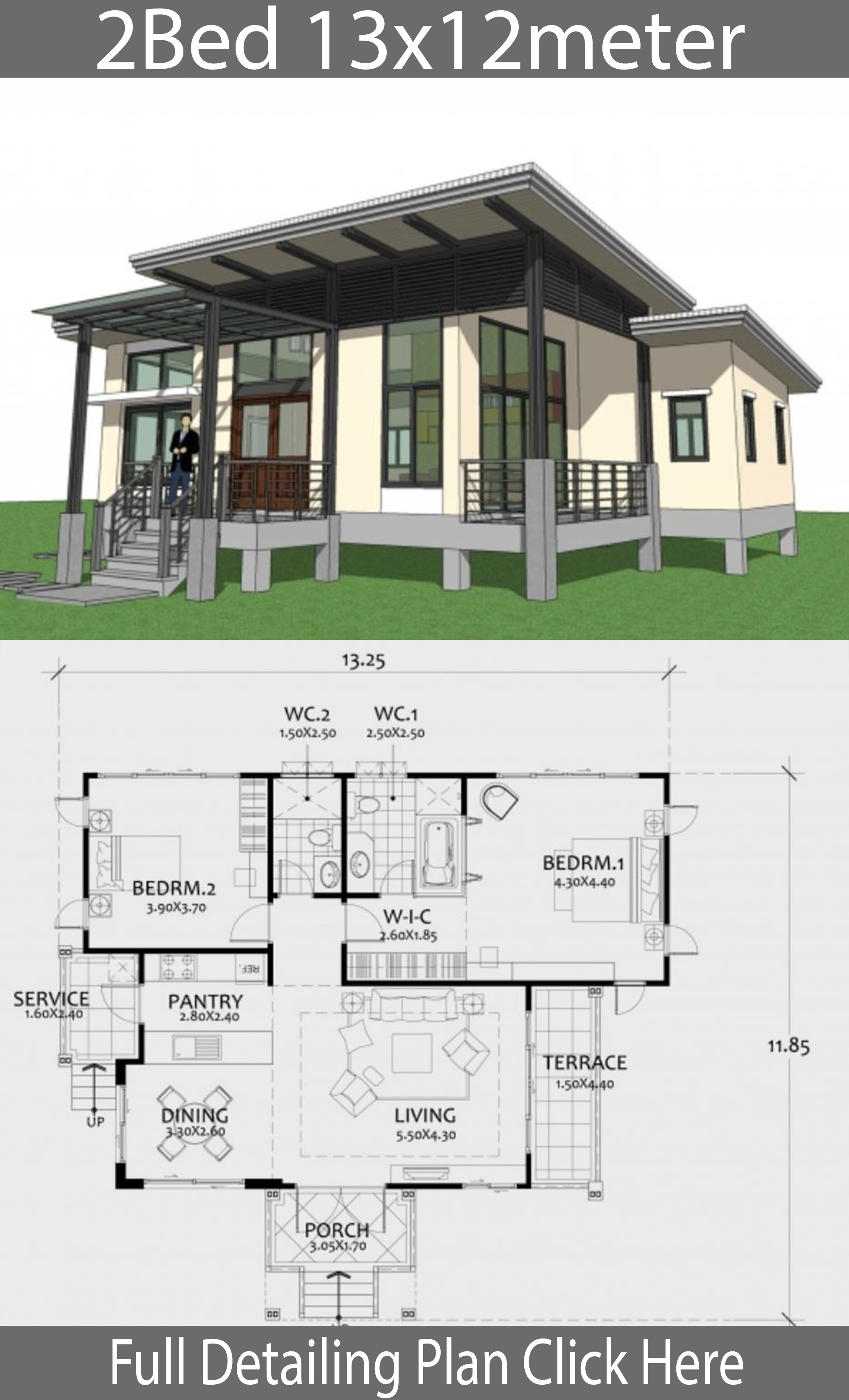  One  story  house plan  13x12m with 2 bedrooms House Plans  3D