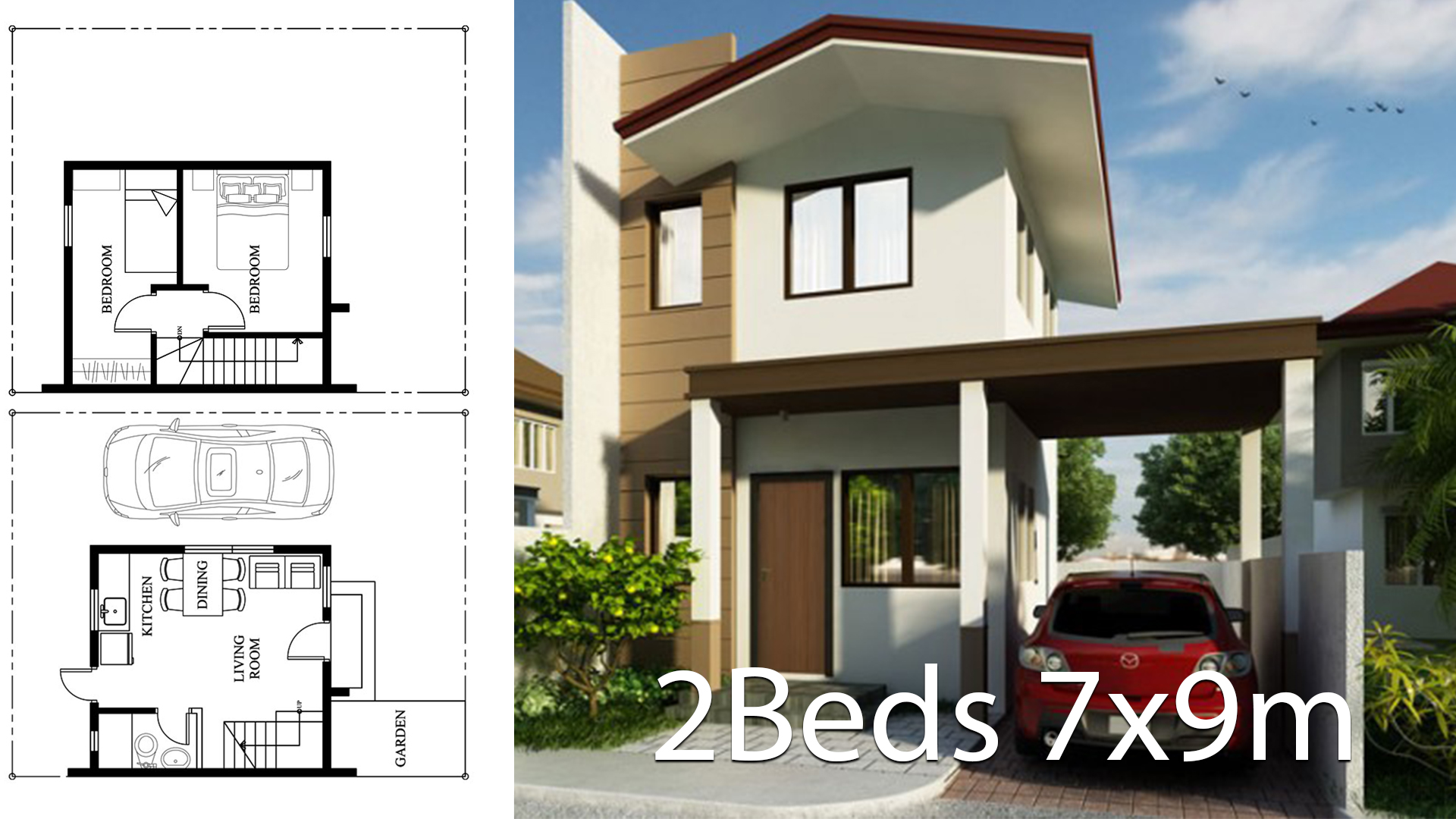 Small Home Design Plan 7x9m with 2 Bedrooms