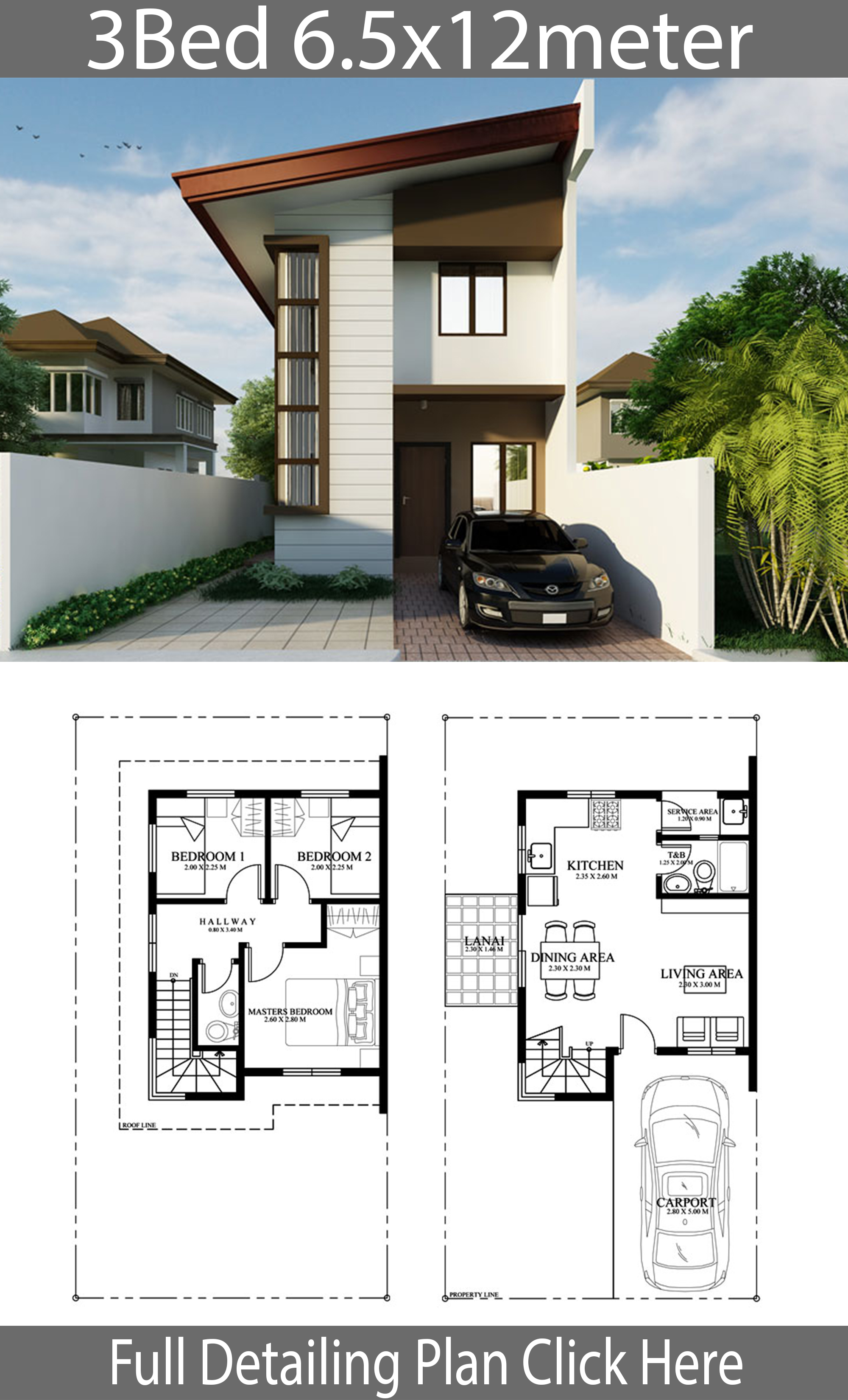 Small Home design plan 6.5mx12m with 3 Bedrooms - House Plans 3D