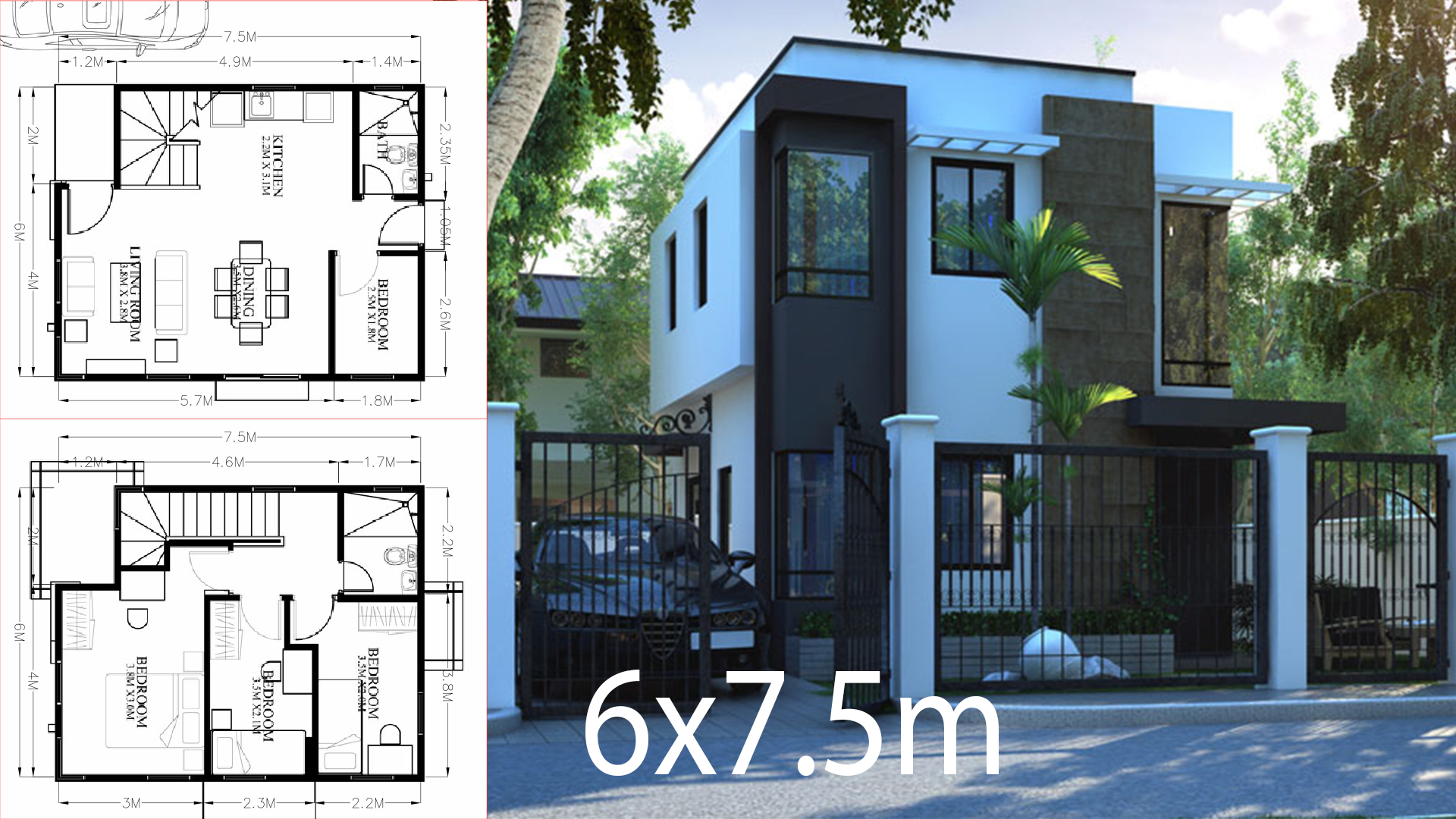 Small Home design plan 6×7.5m with 4 Bedrooms