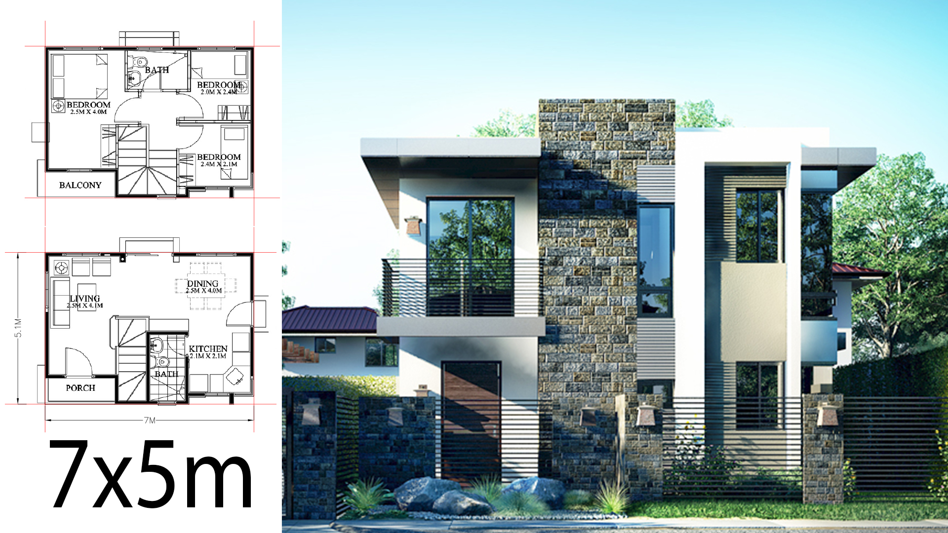 Small Home design plan 7x5m with 3 Bedrooms