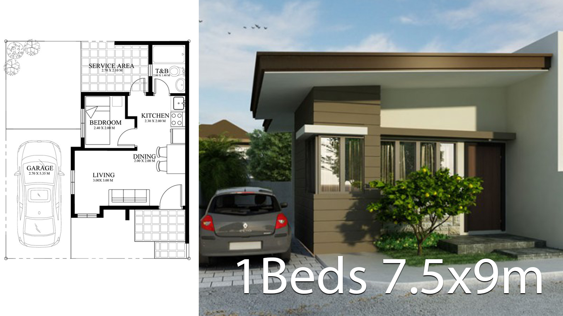 Small home design plan 7.5x9m with One Bedrooms