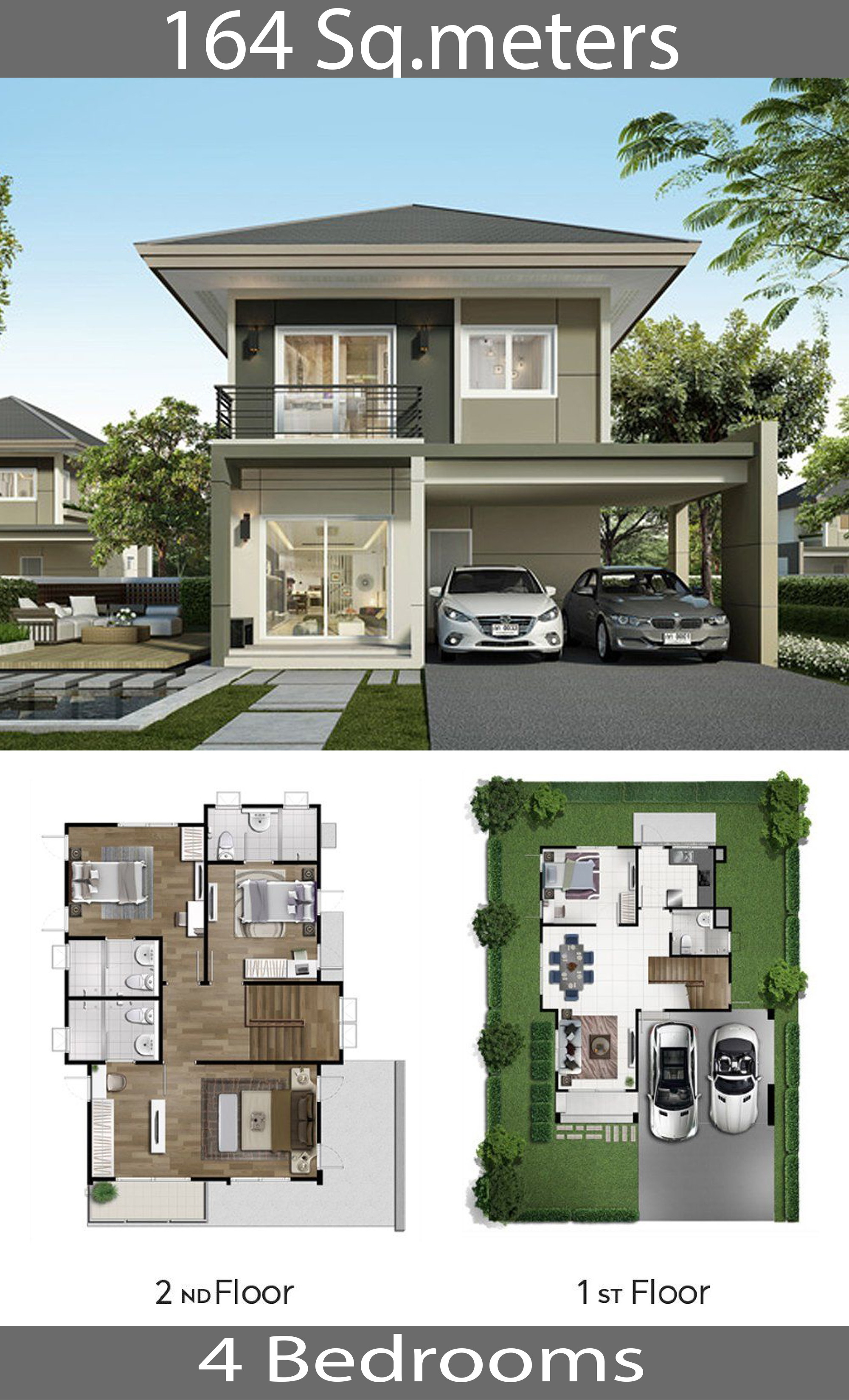 2Storey Single Detached House 164 Sq.M House Plans 3D