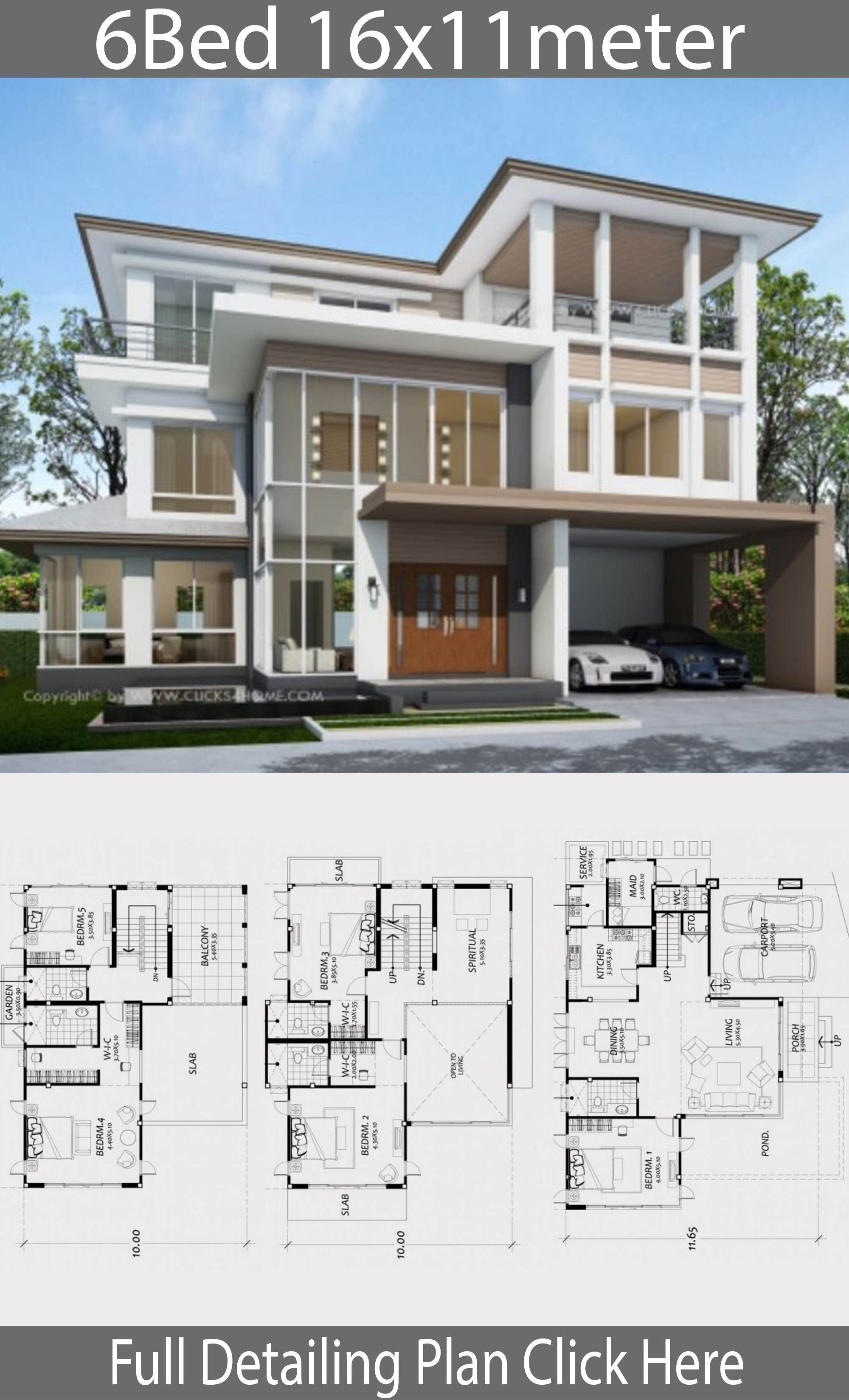 Home design plan 16x11m with 6 bedrooms - House Plans 3D