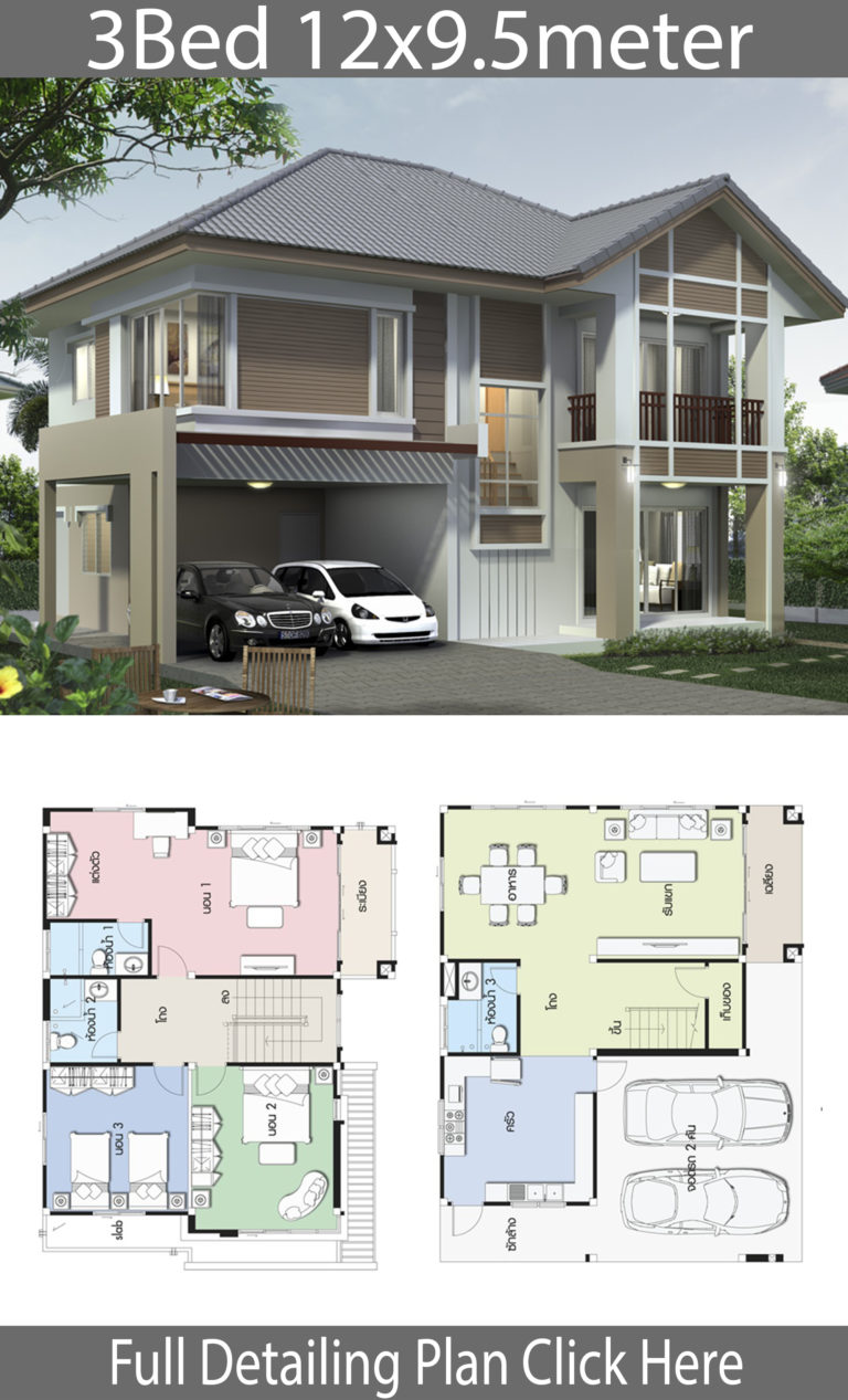 Home design plan 12x9.5m with 3 bedrooms - Home Ideas