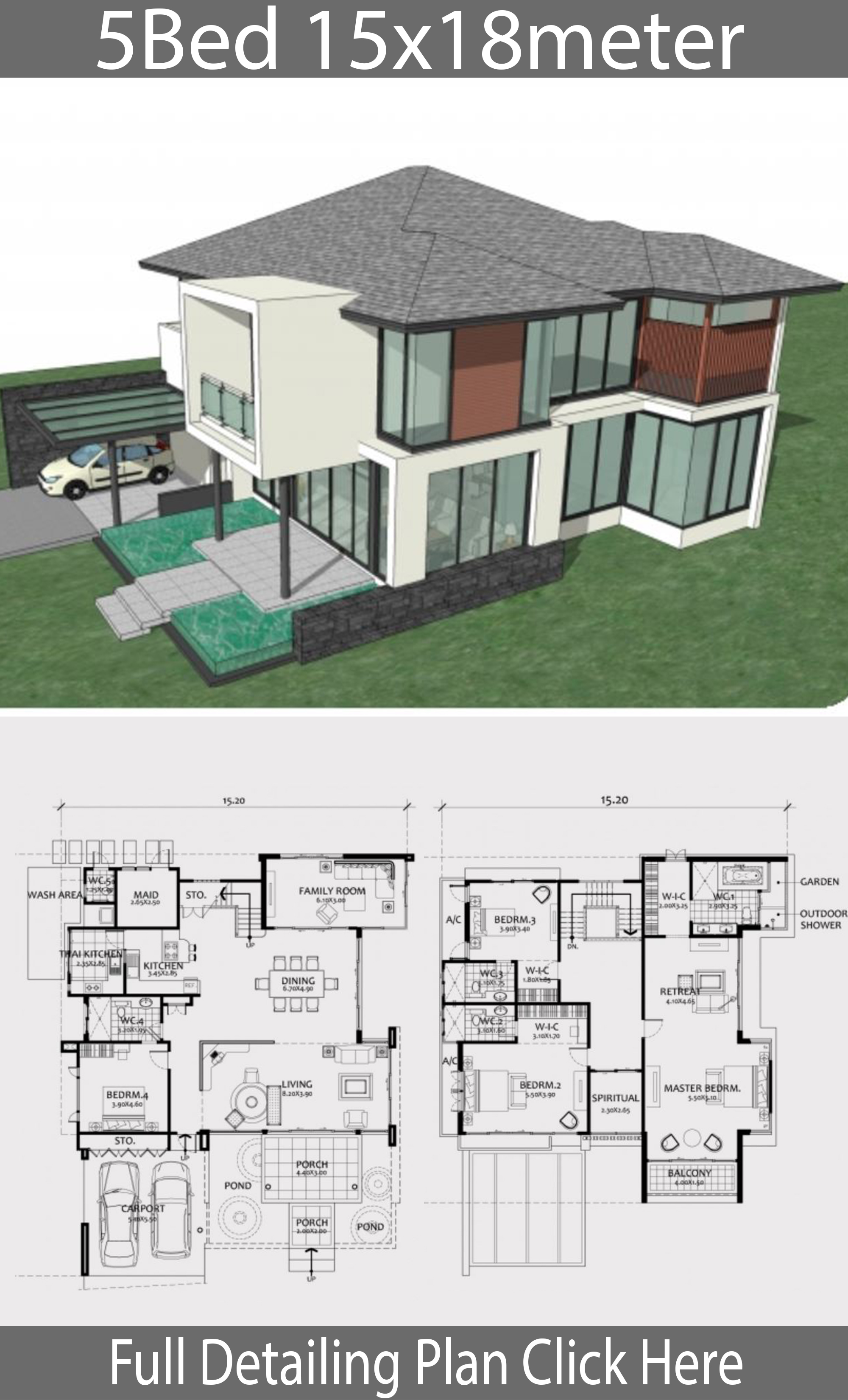 Home design plan 15x18m with 5 bedrooms - House Plans 3D